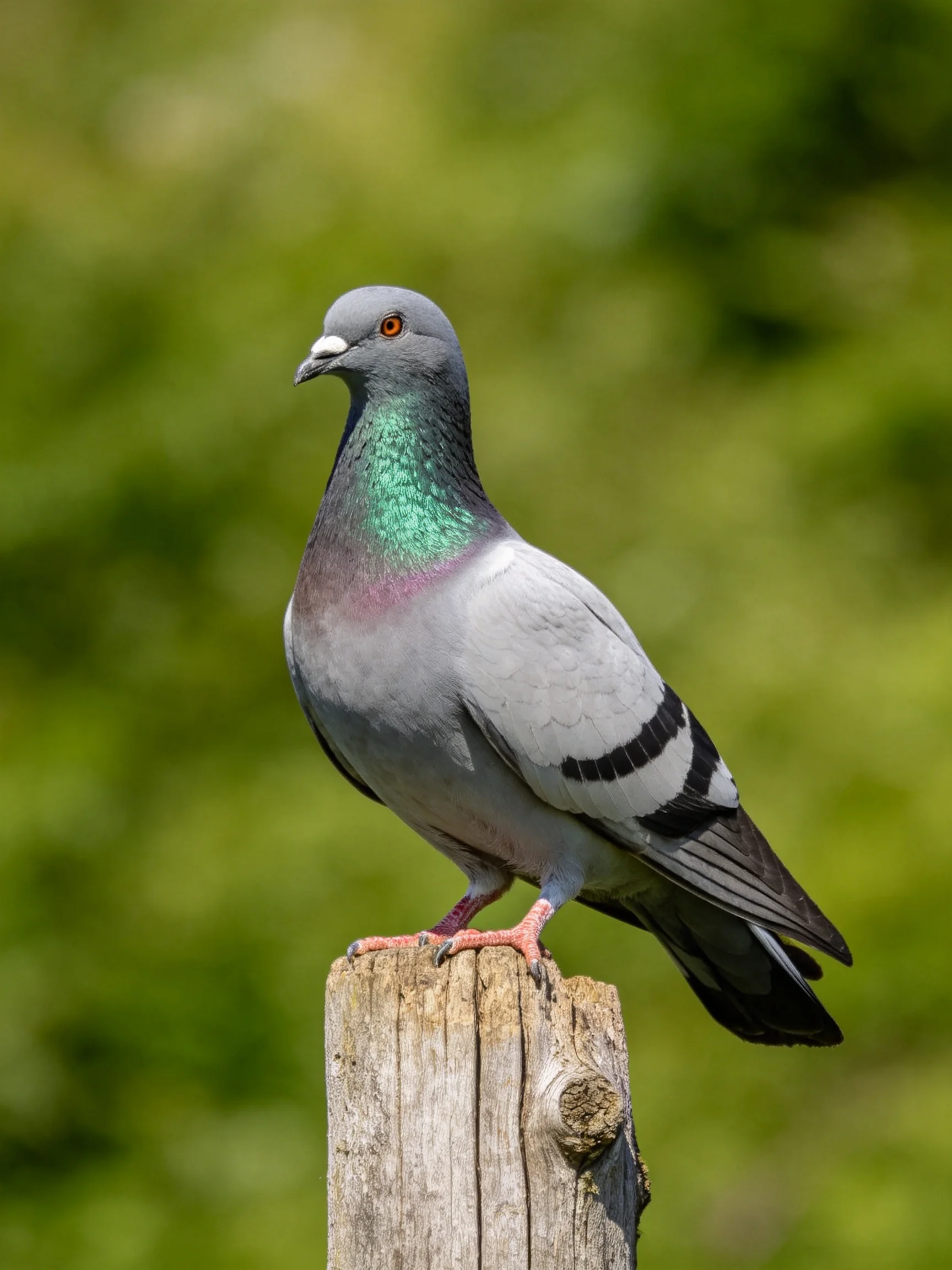 Gray pigeon with iridescent neck on weathered wooden post