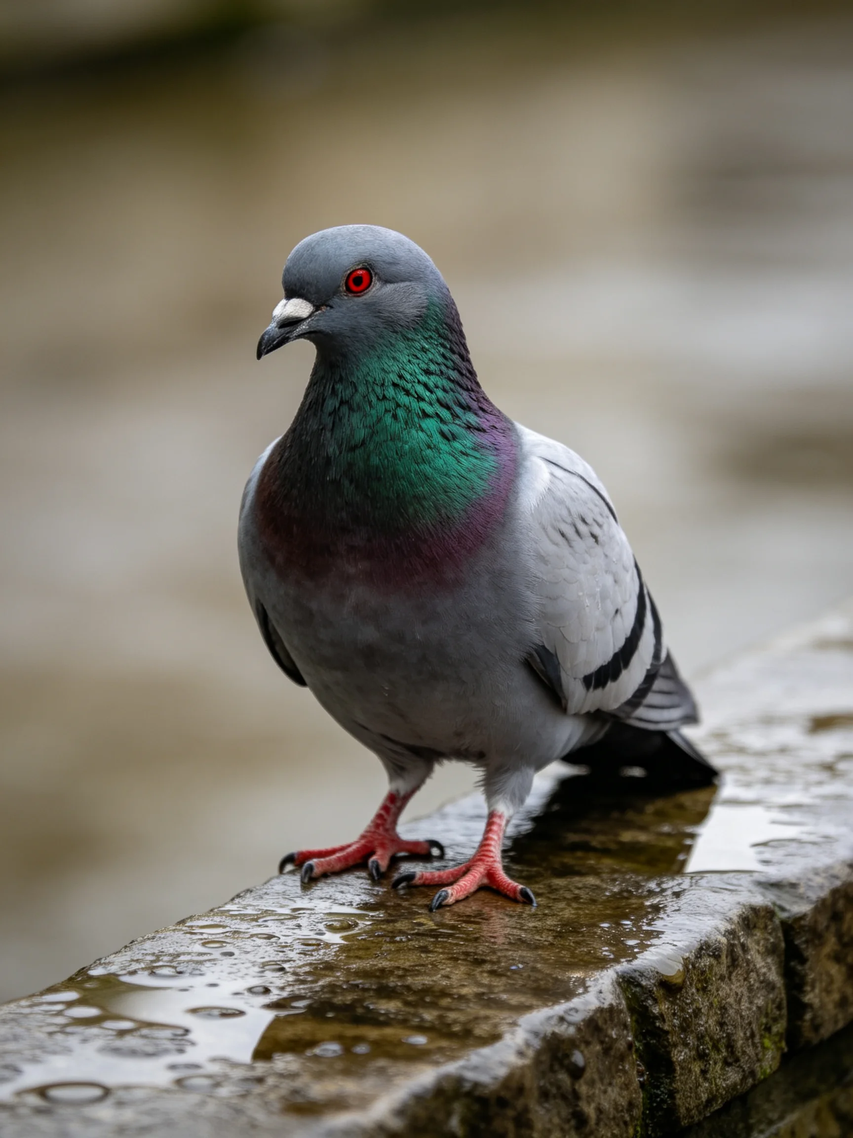 Gray pigeon with iridescent neck on wet stone ledge
