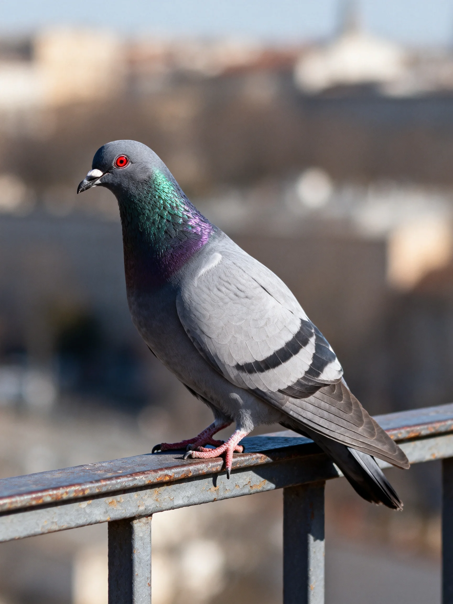 A gray pigeon with iridescent neck sits on a metal railing.