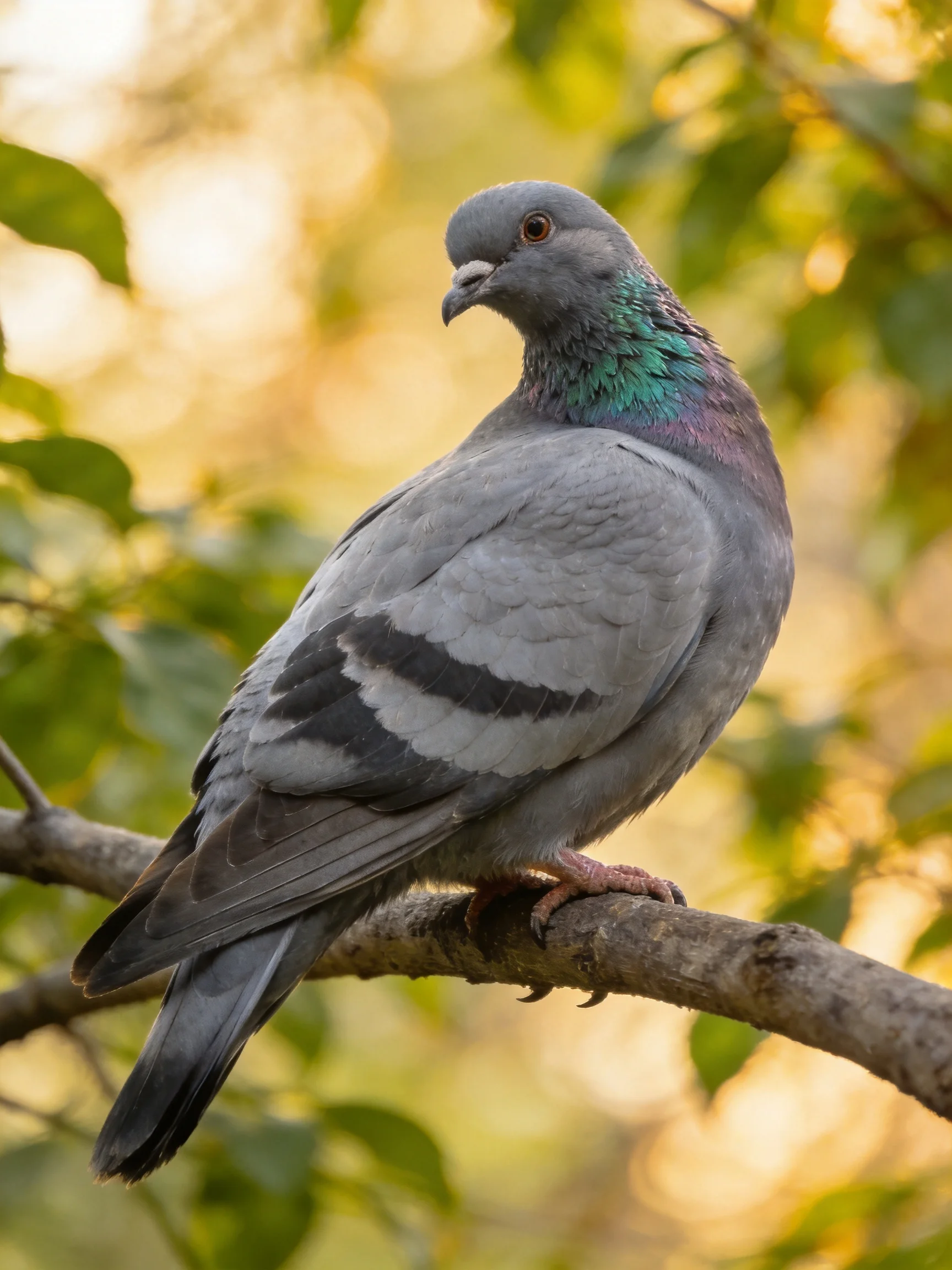 Gray pigeon with iridescent neck perched on a tree branch