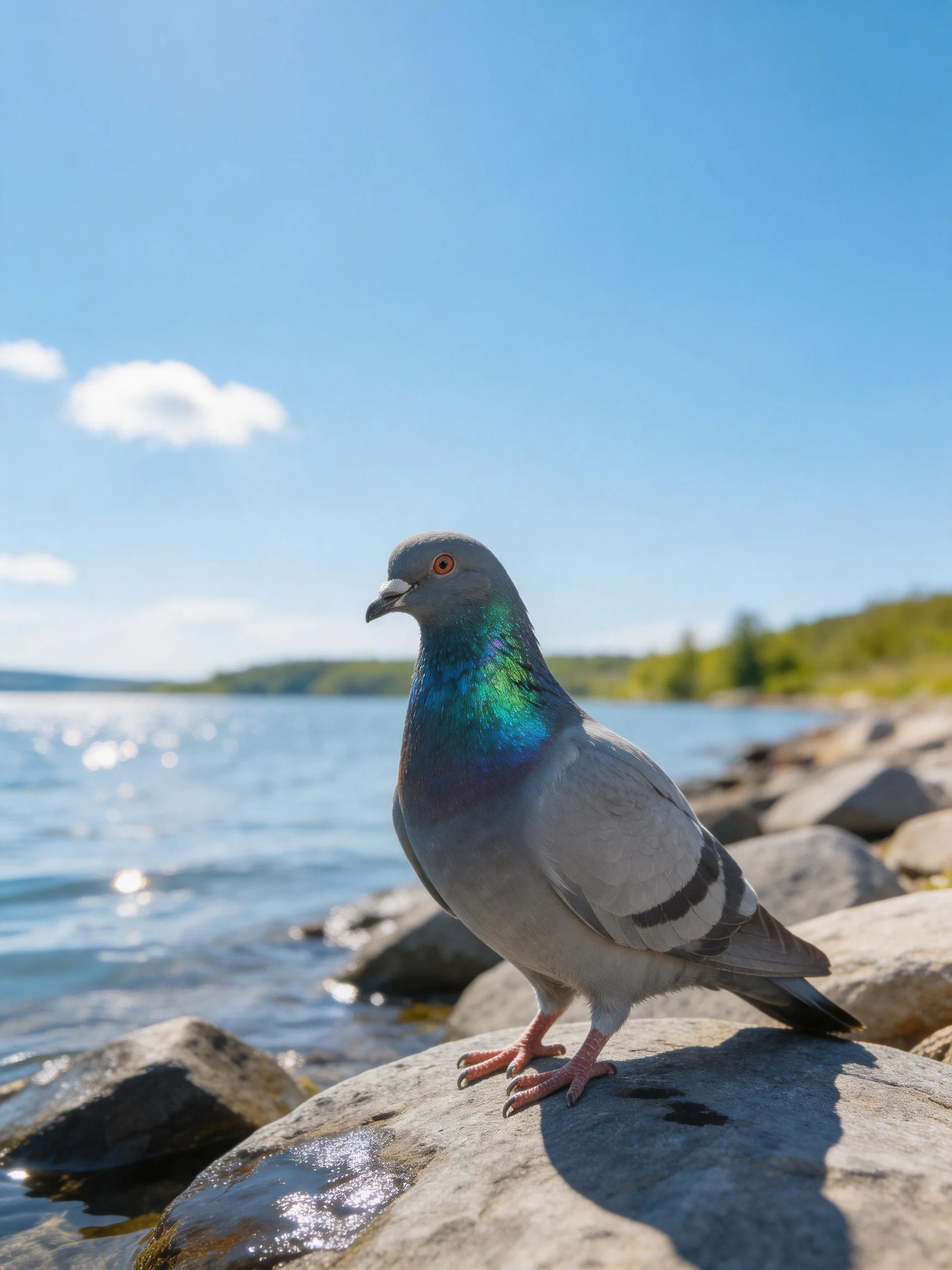 Gray pigeon with iridescent neck perched on rocky shoreline