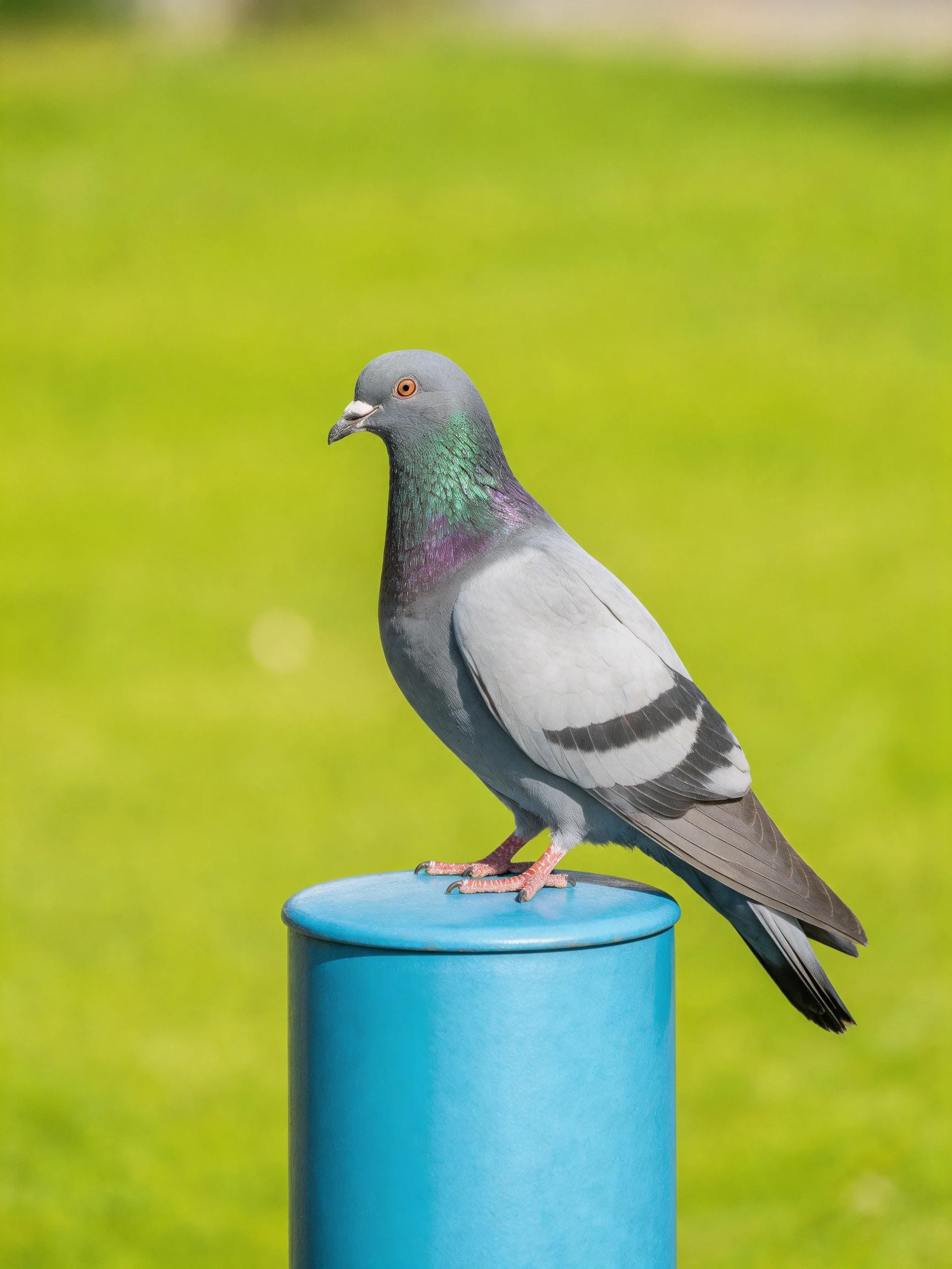 Gray pigeon with iridescent neck perches on bright blue post