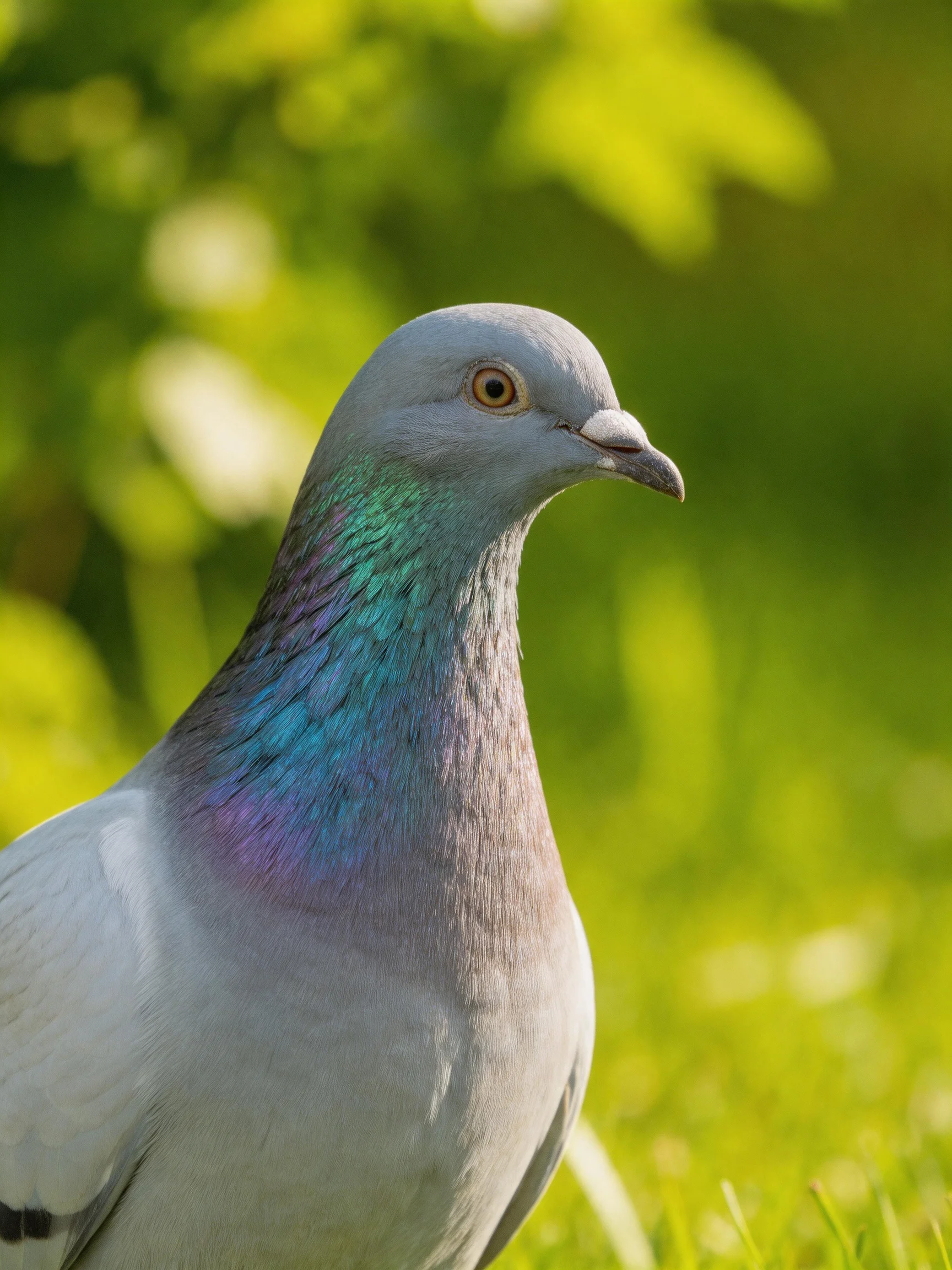 Gray pigeon with iridescent neck plumage in sunlit greenery