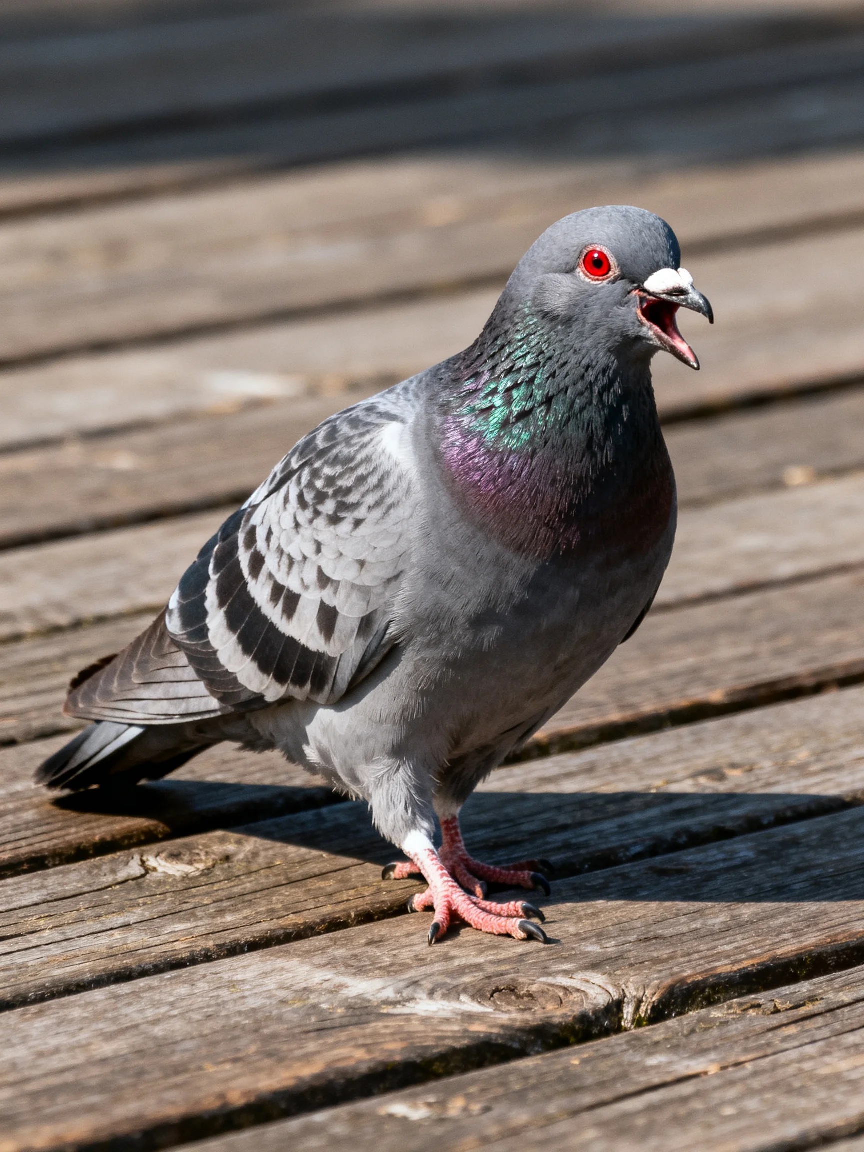 Gray pigeon with iridescent plumage perched on weathered wooden planks