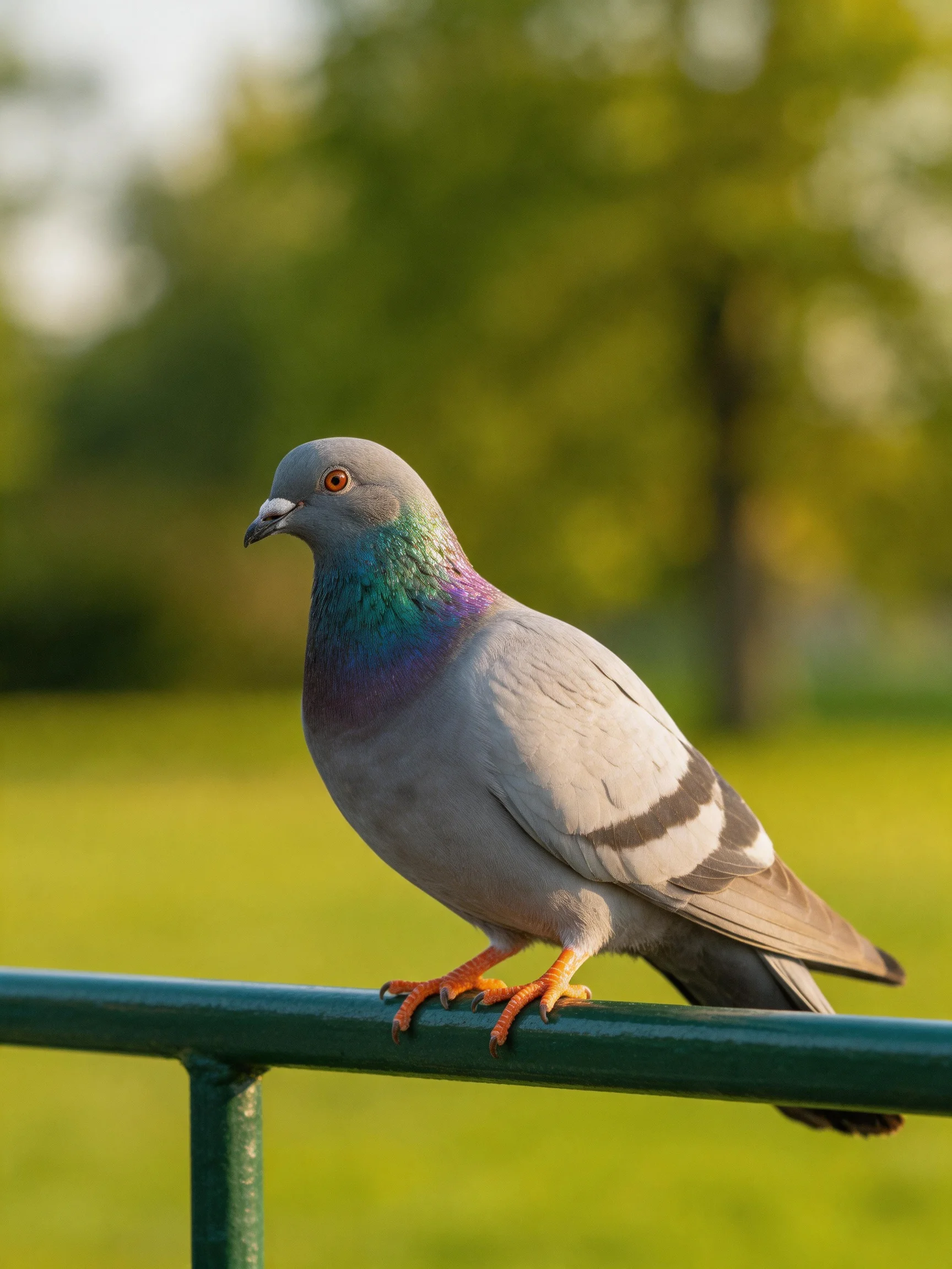 Gray pigeon with iridescent purple-green neck perched on green railing