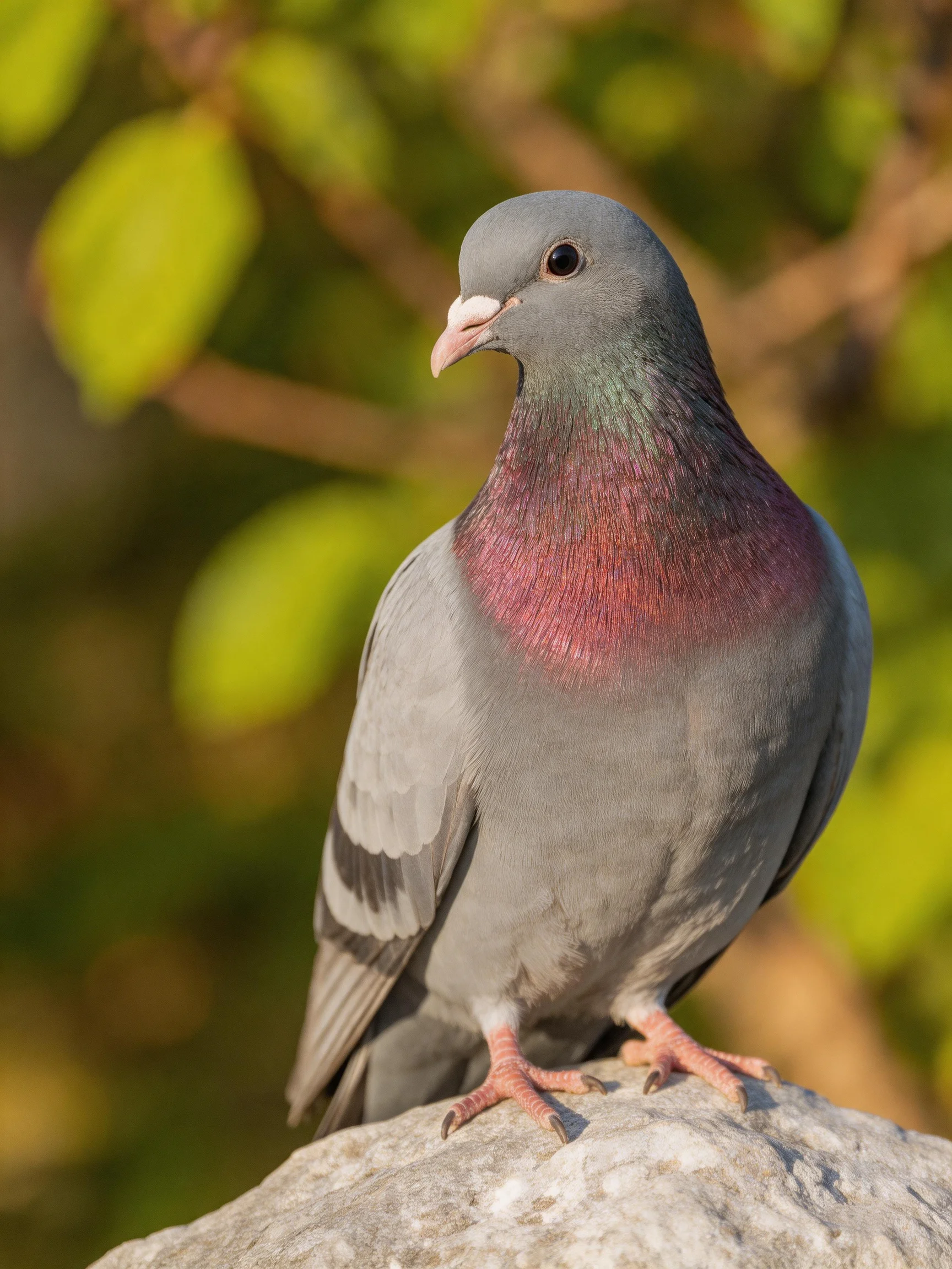Gray pigeon with iridescent purple neck perched on a rock