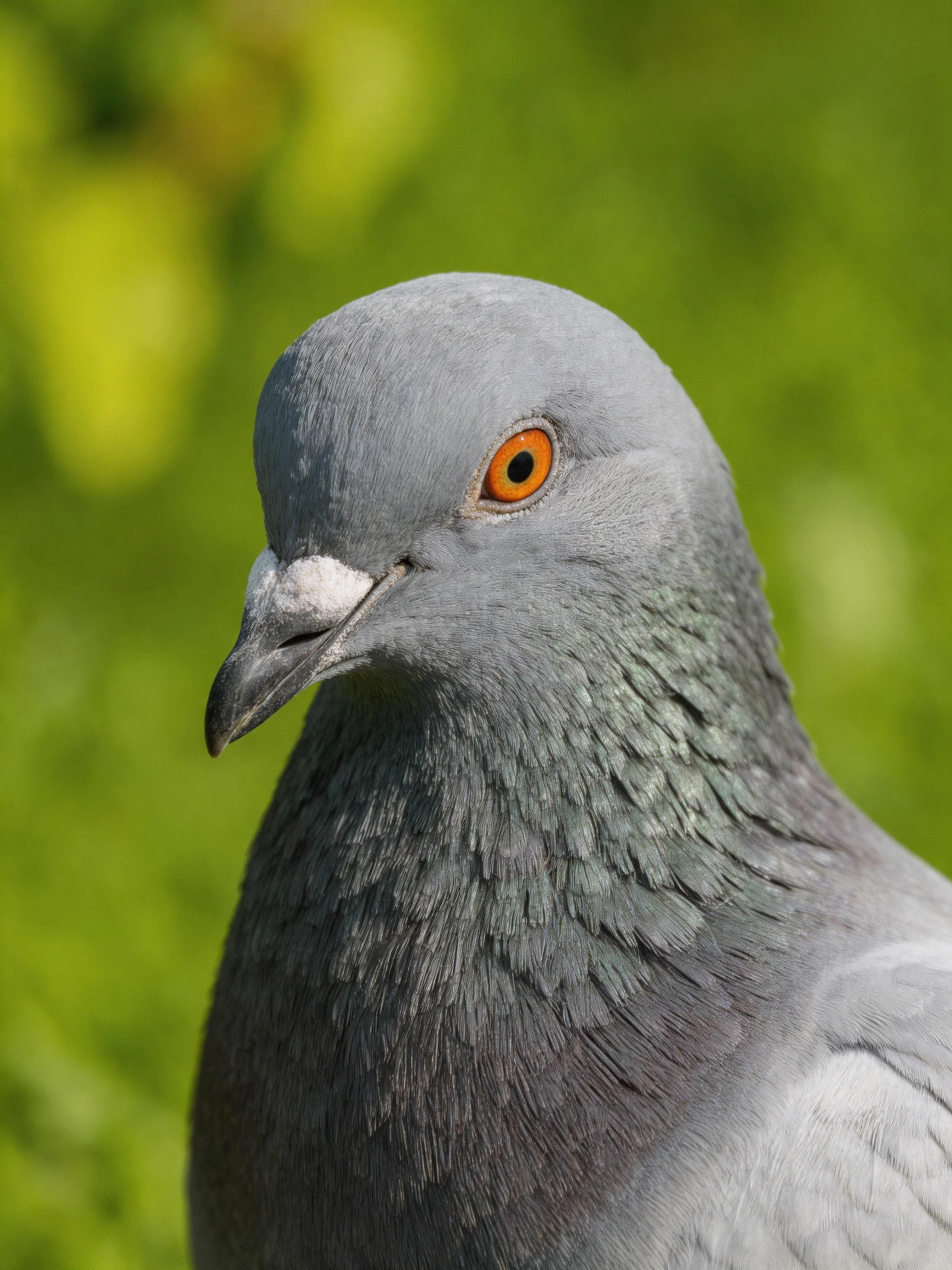 Close - up of a gray pigeon with an orange eye amid blurred greenery.
