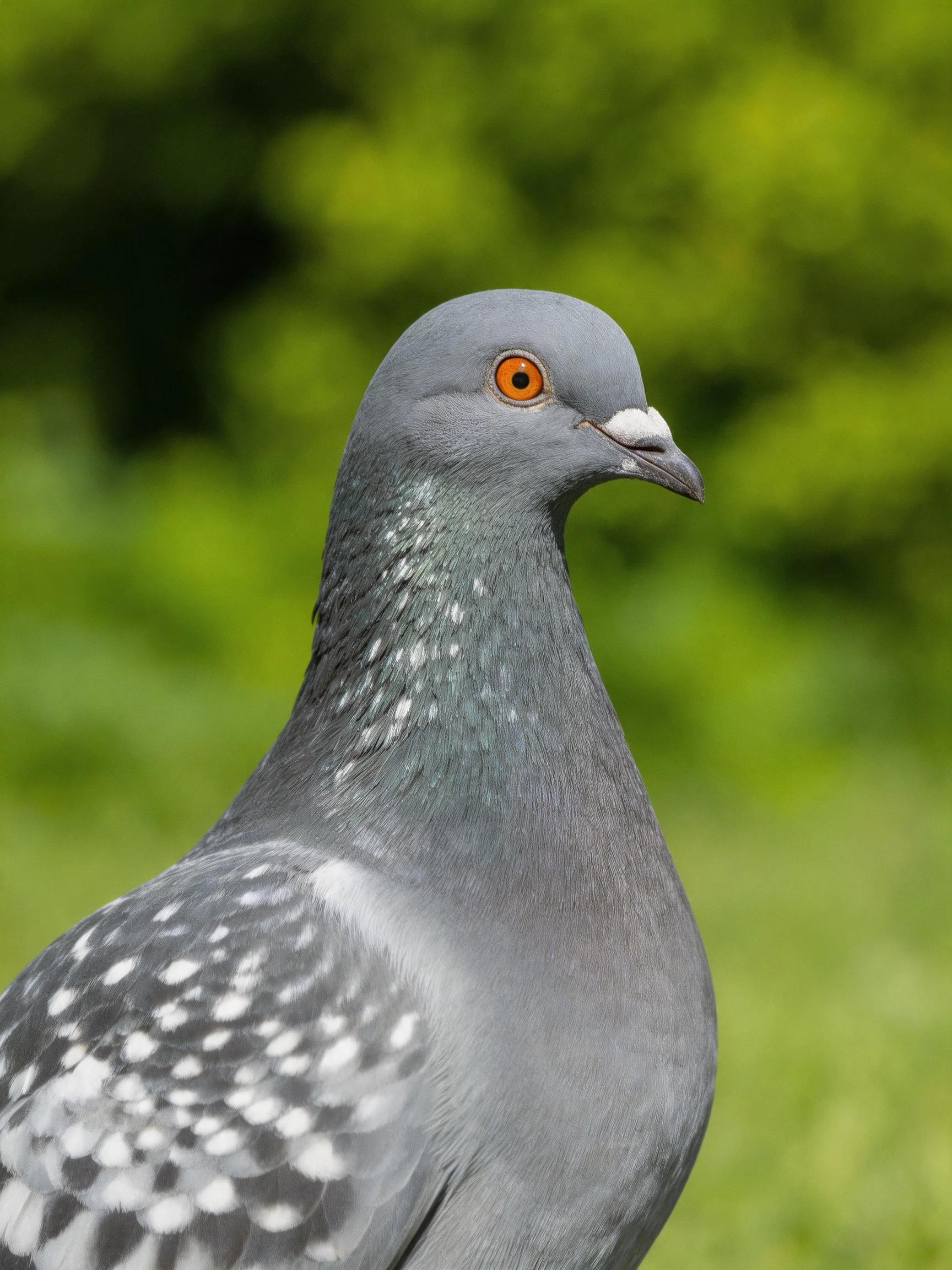 Close-up of a gray pigeon with orange eyes near greenery.