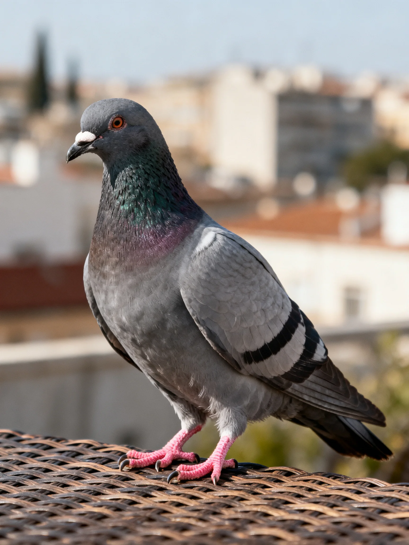 Gray pigeon with pink feet perched on a woven surface