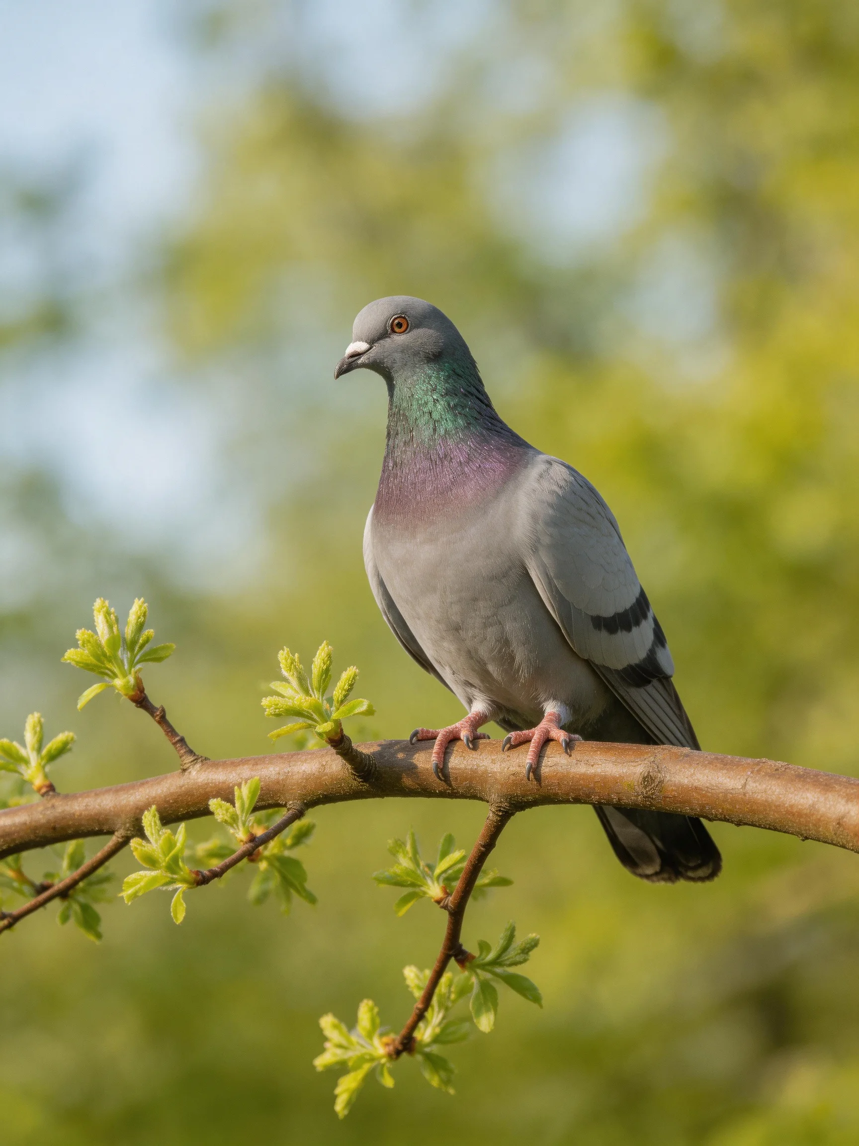 Gray pigeon with purple neck perched on brown tree branch with budding leaves