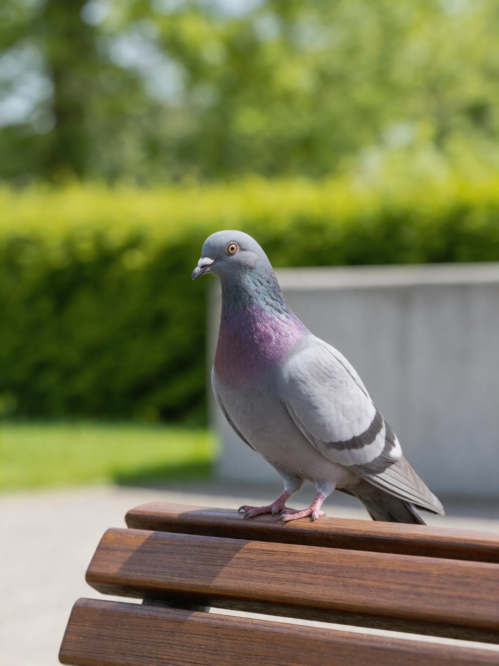 Gray pigeon with purple neck perched on brown wooden bench