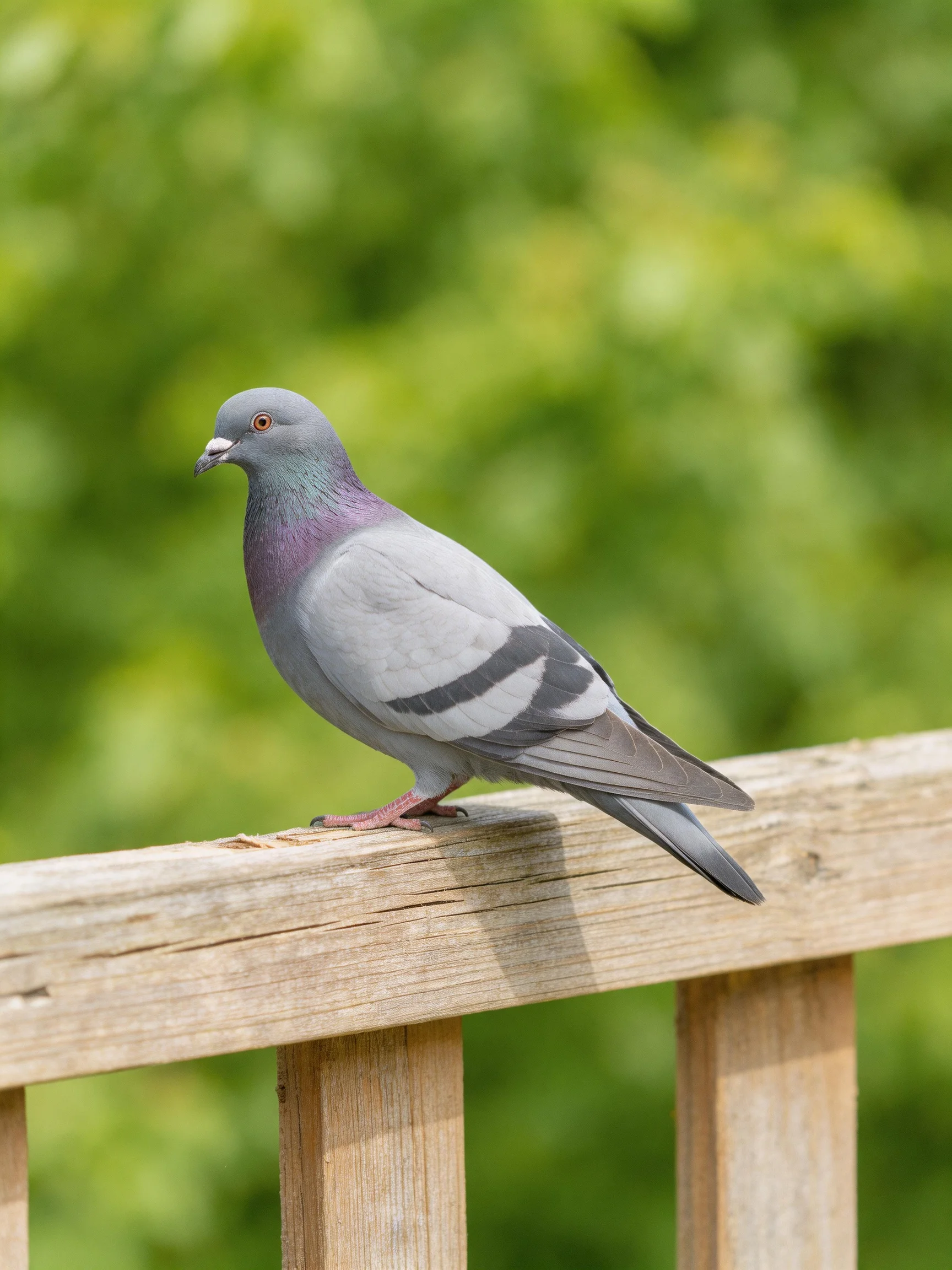 Gray pigeon with purple neck perched on wooden railing near green foliage