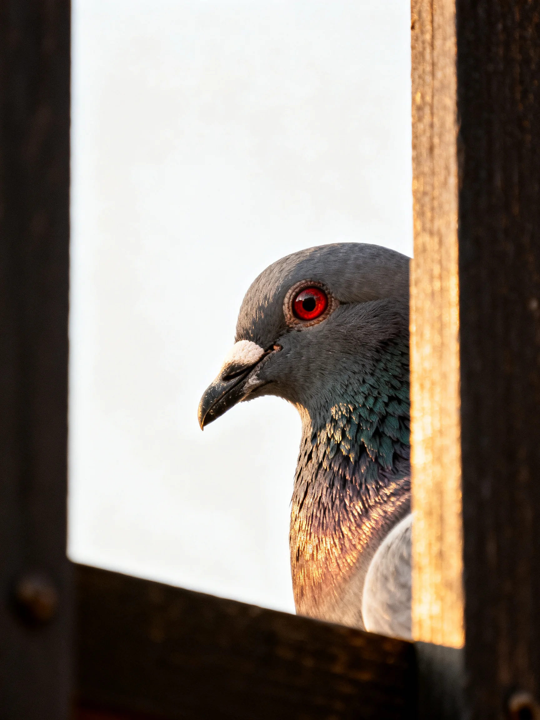 Gray pigeon with red eye peeks from wooden frame