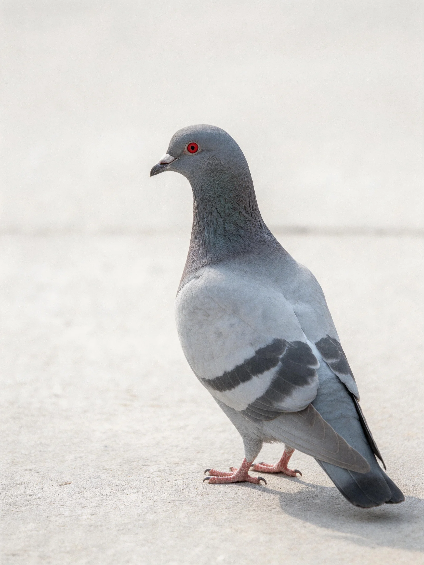 Gray pigeon with red eyes on a concrete surface