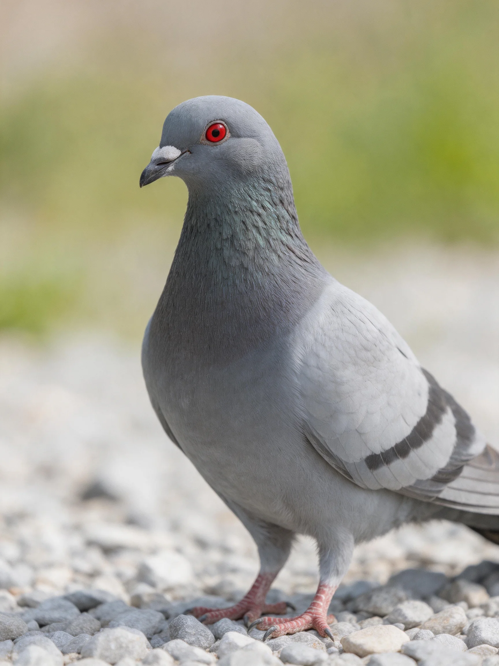 Gray pigeon with red eyes on pebbly surface