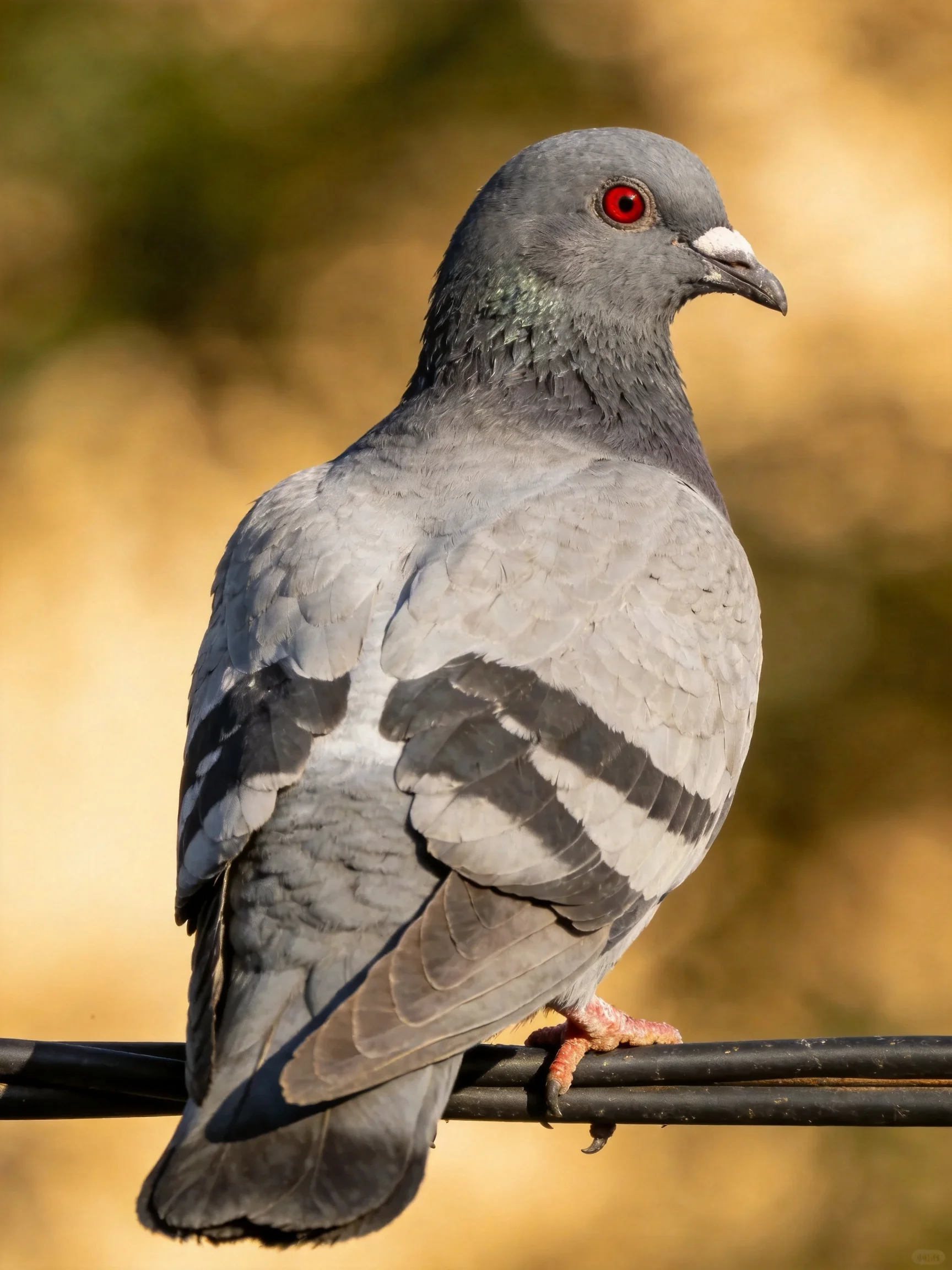 Gray pigeon with red eyes perched on a black wire