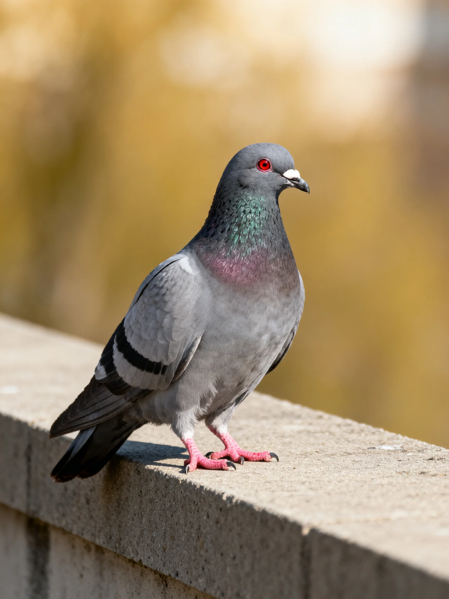Gray pigeon with red eyes perched on a concrete ledge