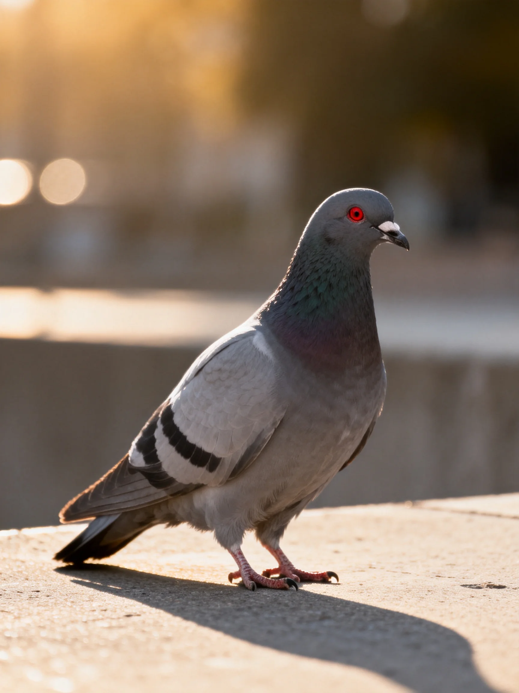 Gray pigeon with red eyes perched on a concrete ledge