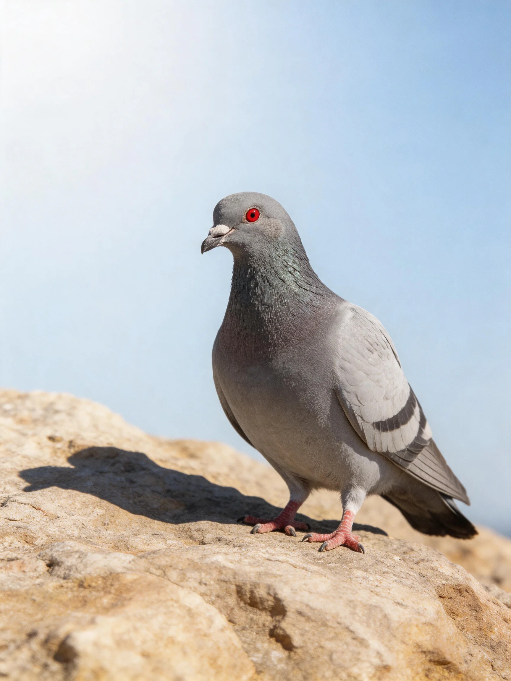Gray pigeon with red eyes perched on a rocky surface
