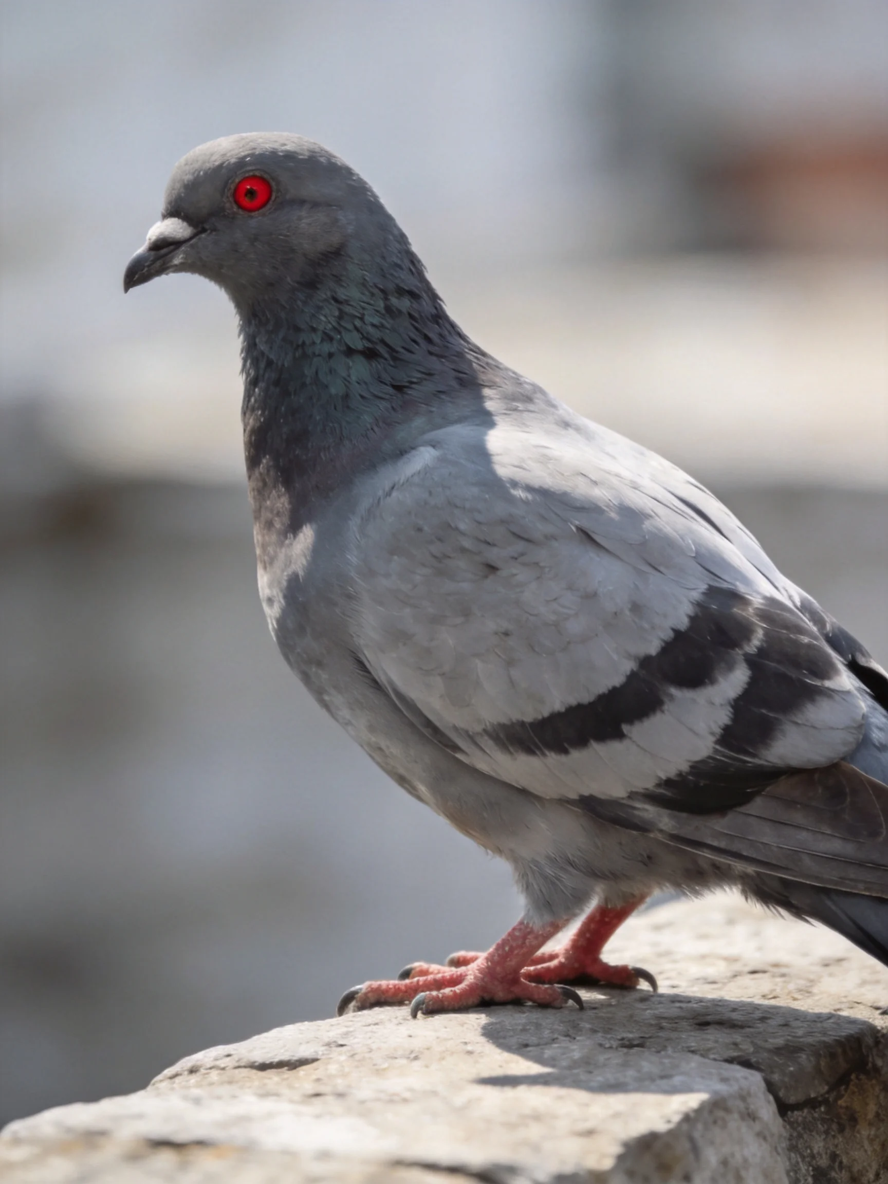 Gray pigeon with red eyes perched on a stone ledge