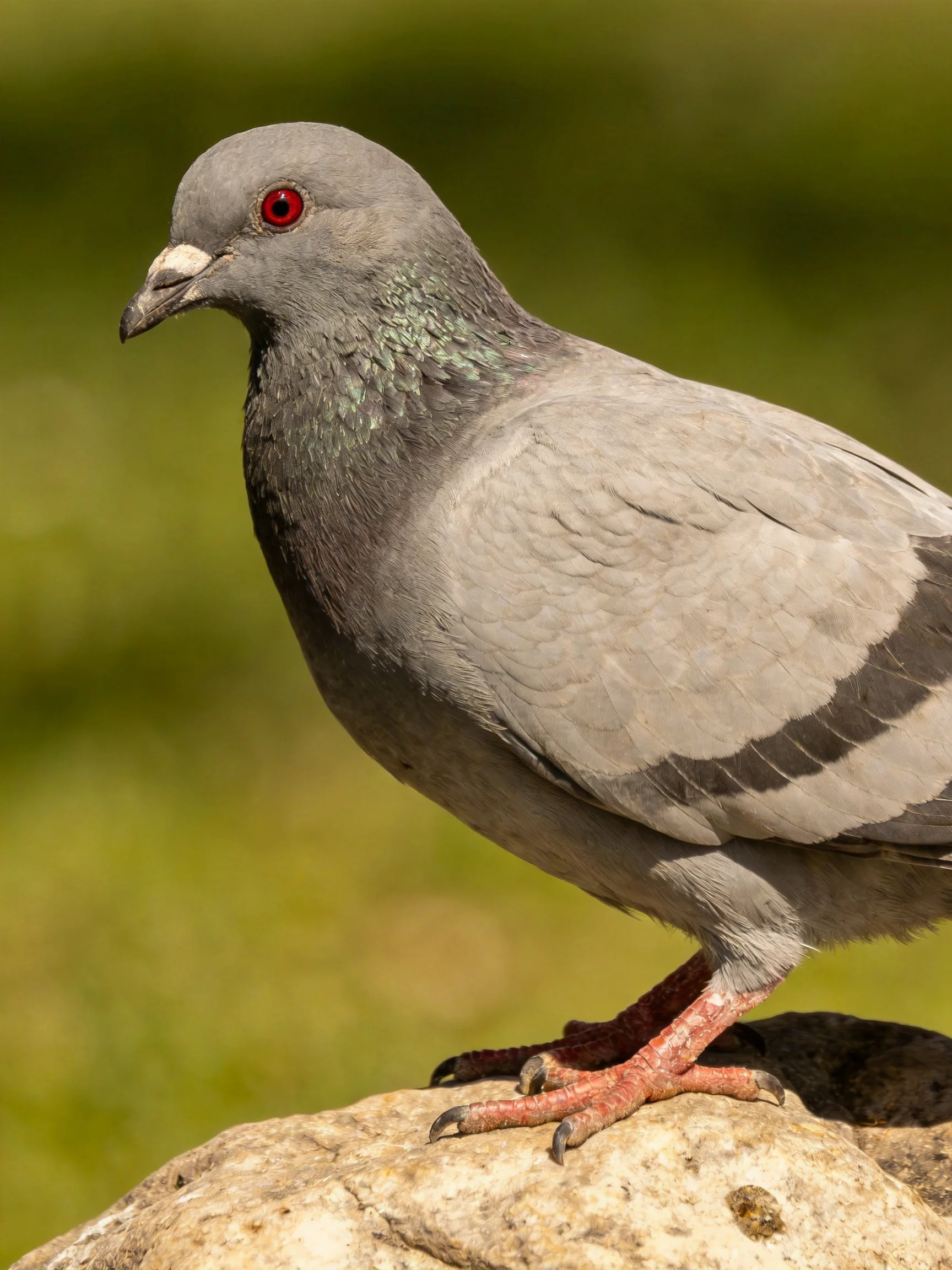 Gray pigeon with red eyes perched on a weathered stone