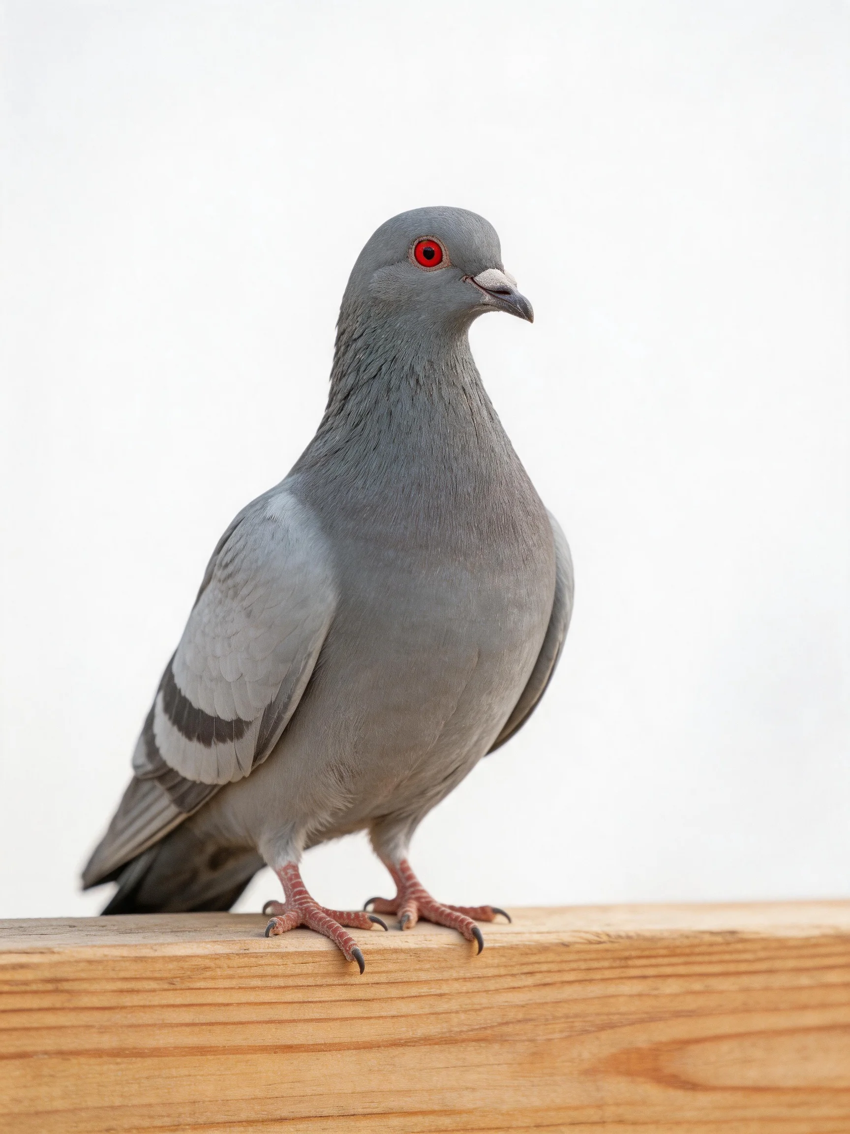 Gray pigeon with red eyes perched on a wooden beam