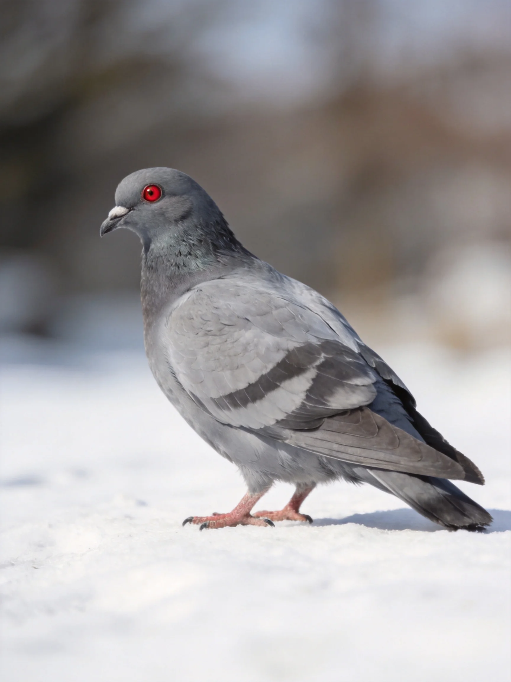 Gray pigeon with red eyes standing on snowy ground