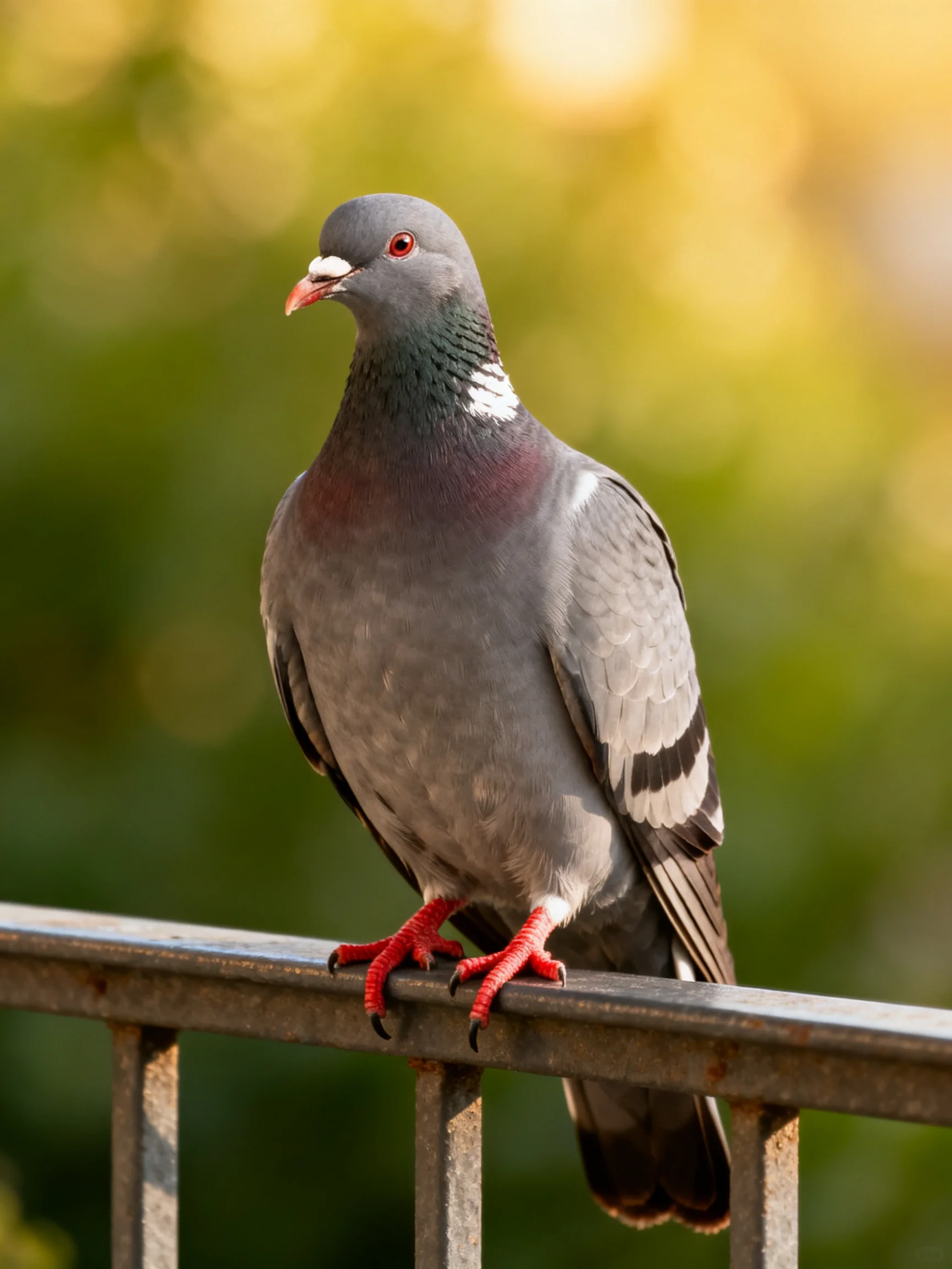 Gray pigeon with red feet and white neck patch perched on metal railing