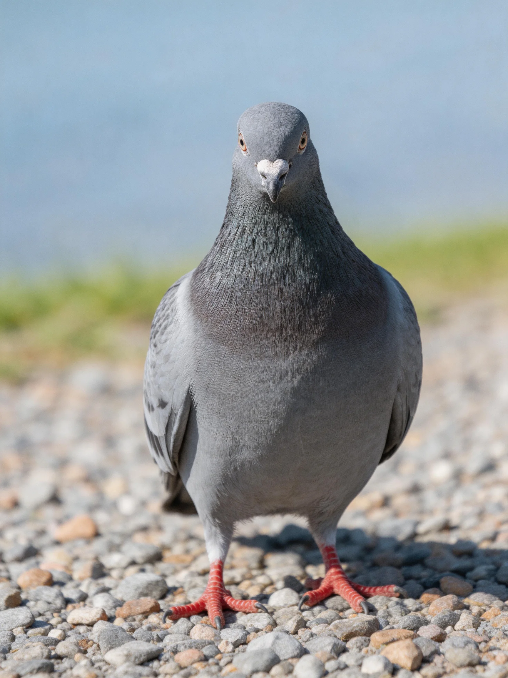 Gray pigeon with red feet on a pebbly path