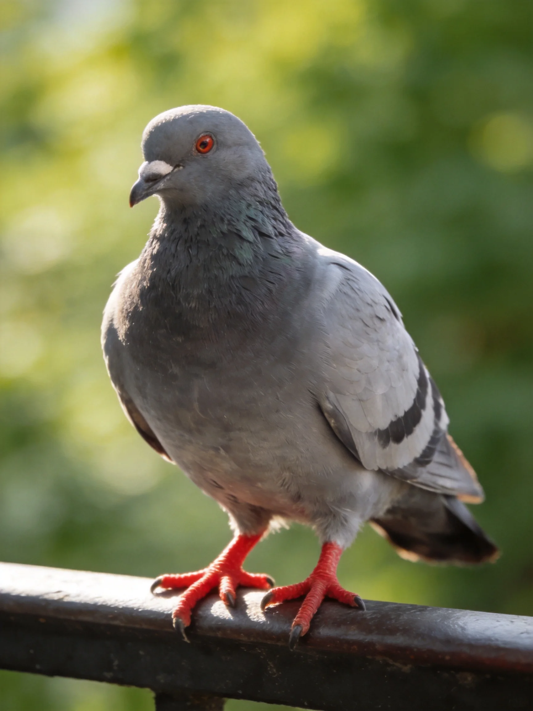 Gray pigeon with red feet perched on a dark metal bar