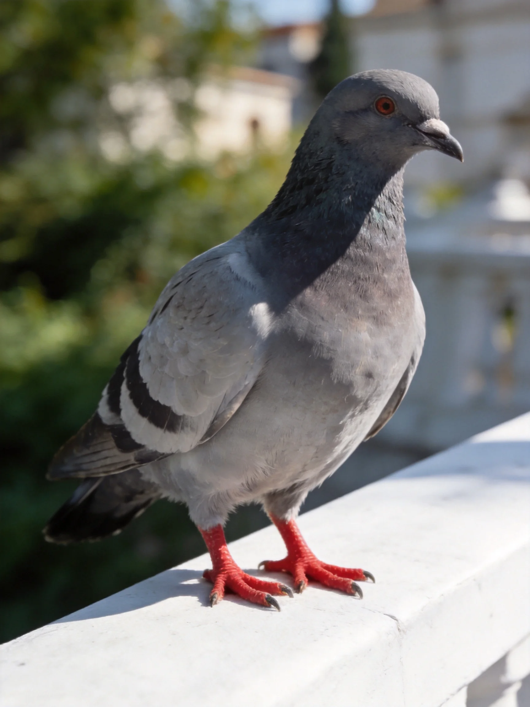 Gray pigeon with red feet perched on a white railing