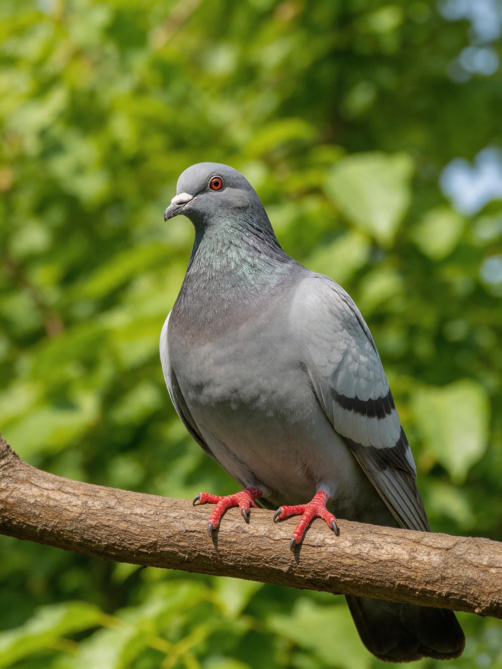 Gray pigeon with red feet perched on brown tree branch amid green foliage