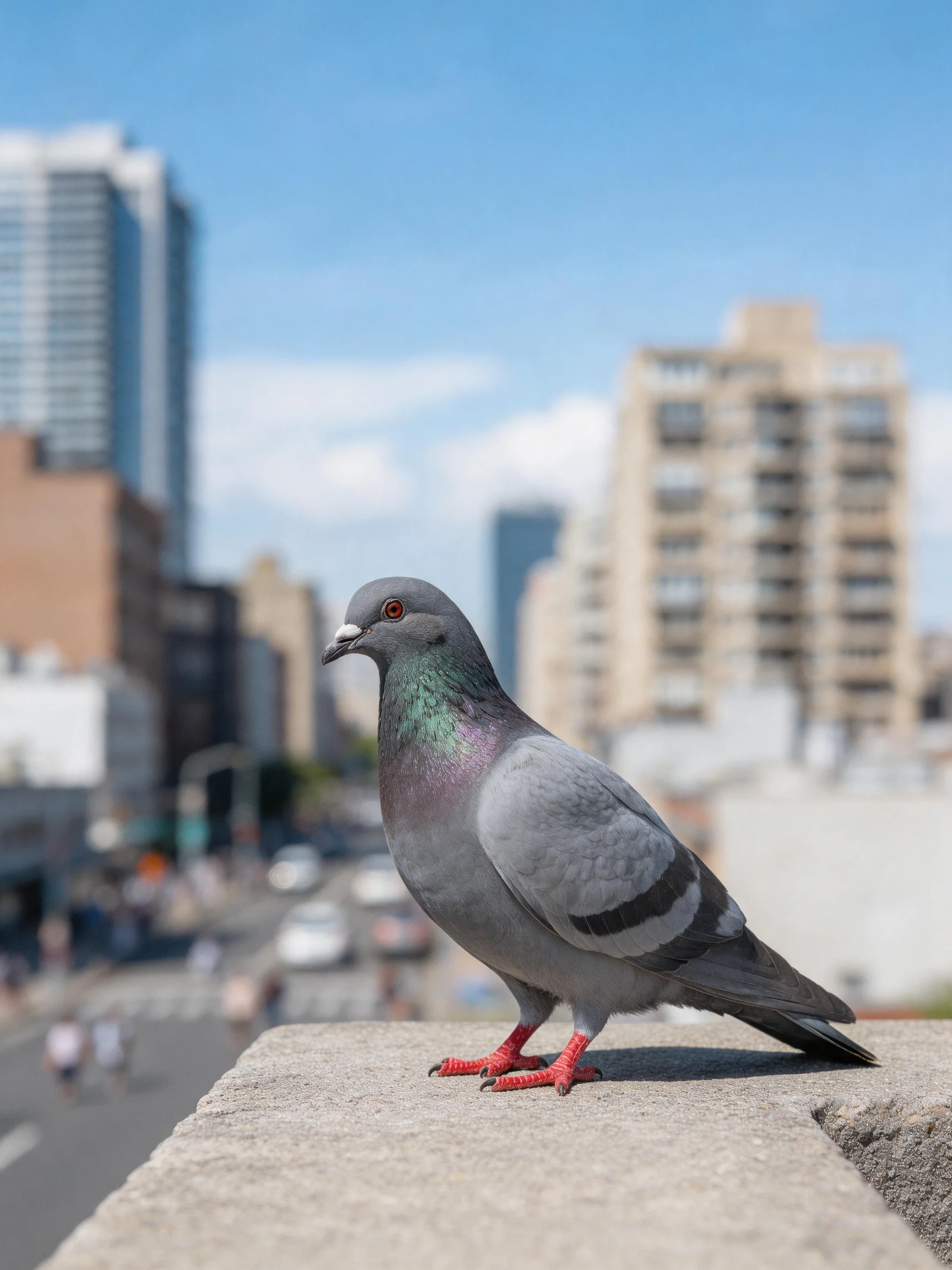 Gray pigeon with red feet perched on concrete ledge near city buildings