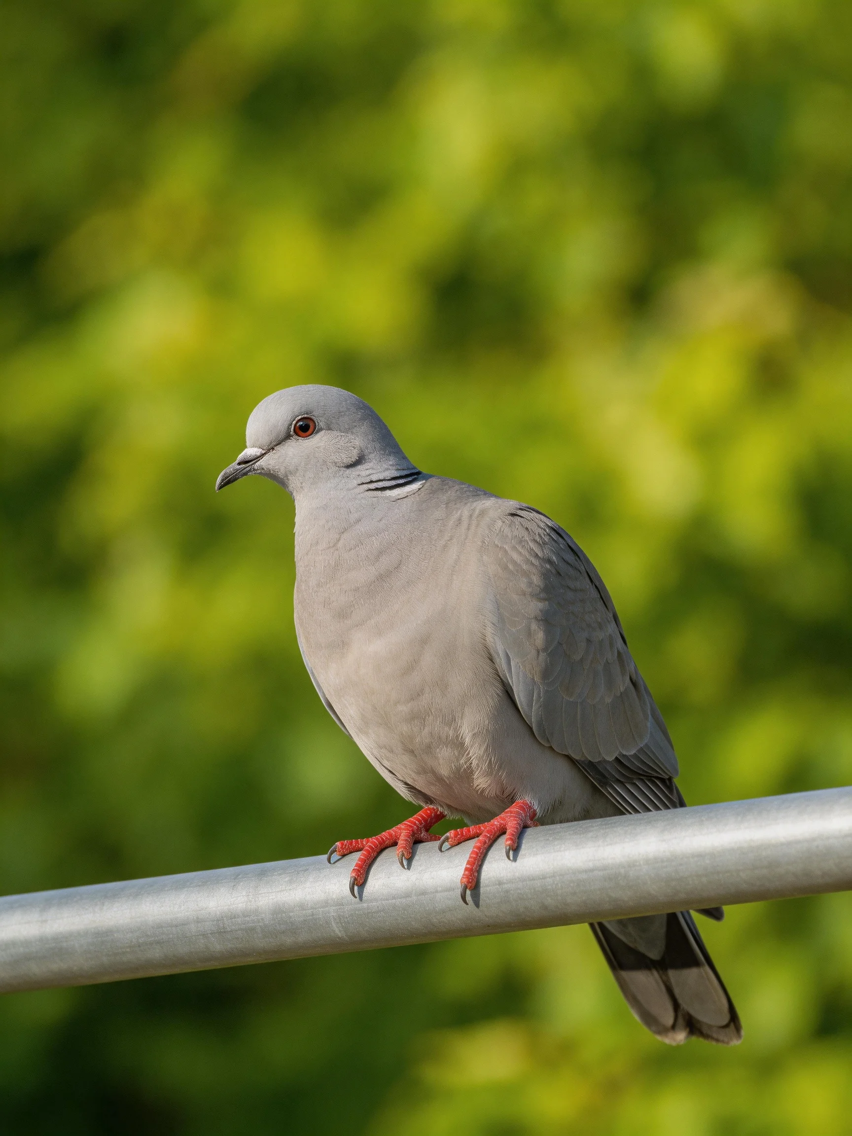 Gray pigeon with red feet perched on silver bar near lush green foliage