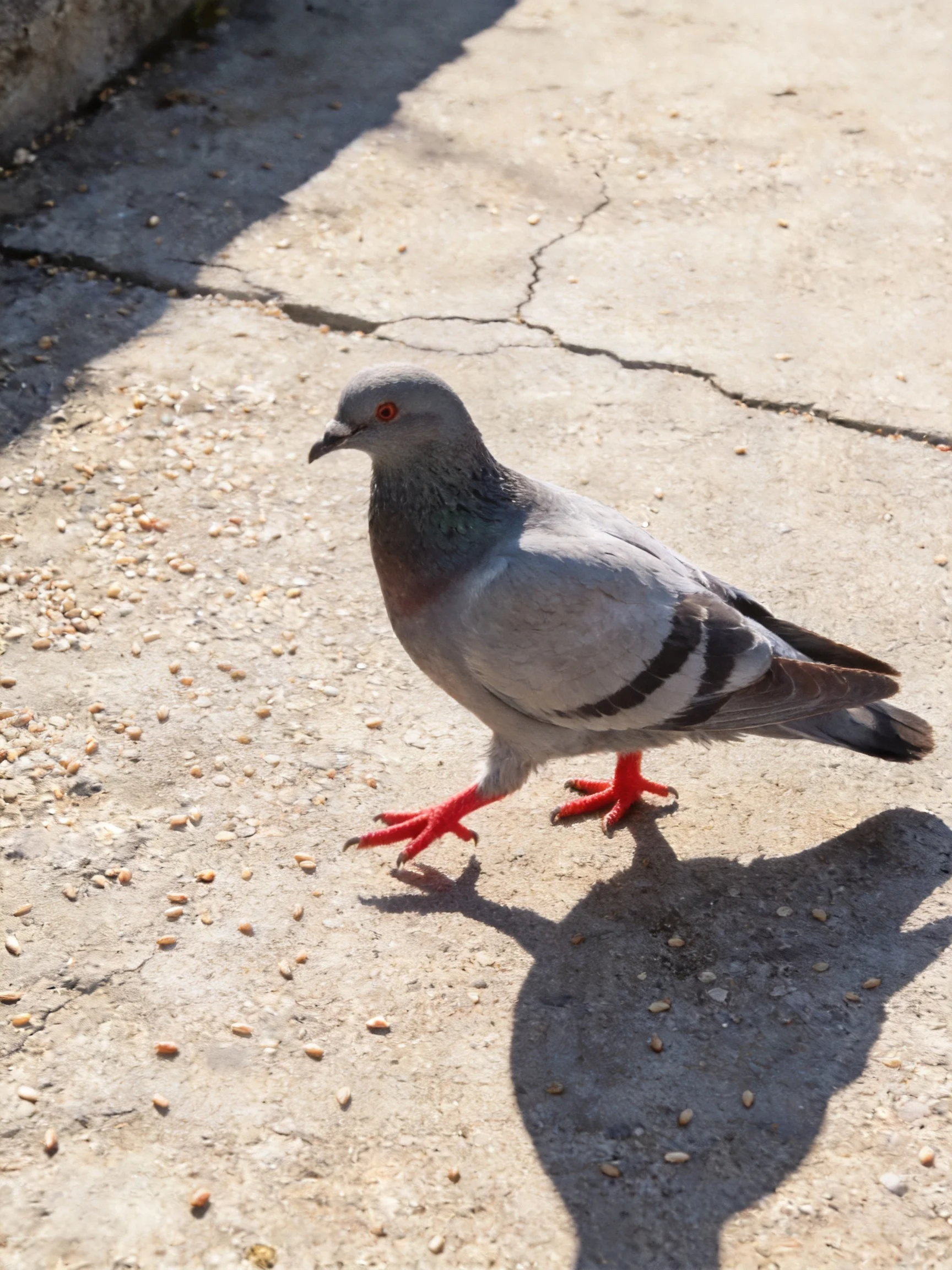 Gray pigeon with red feet walking on cracked concrete path