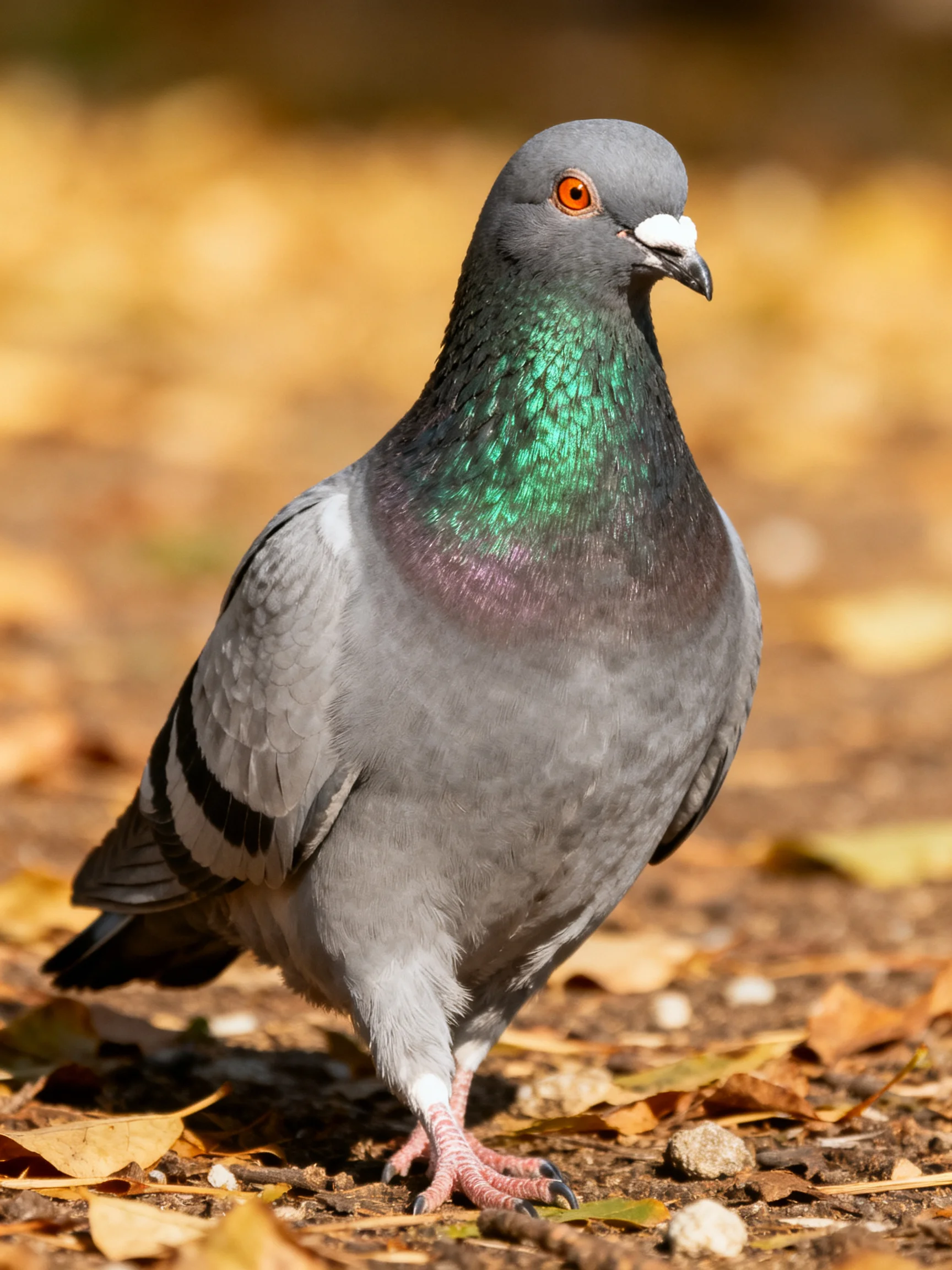 Gray pigeon with shimmering green neck amidst autumn leaves