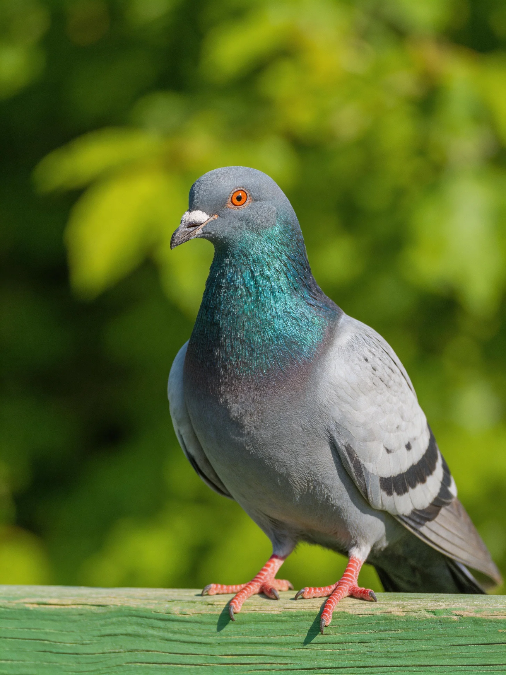 Gray pigeon with teal neck perched on green wooden ledge