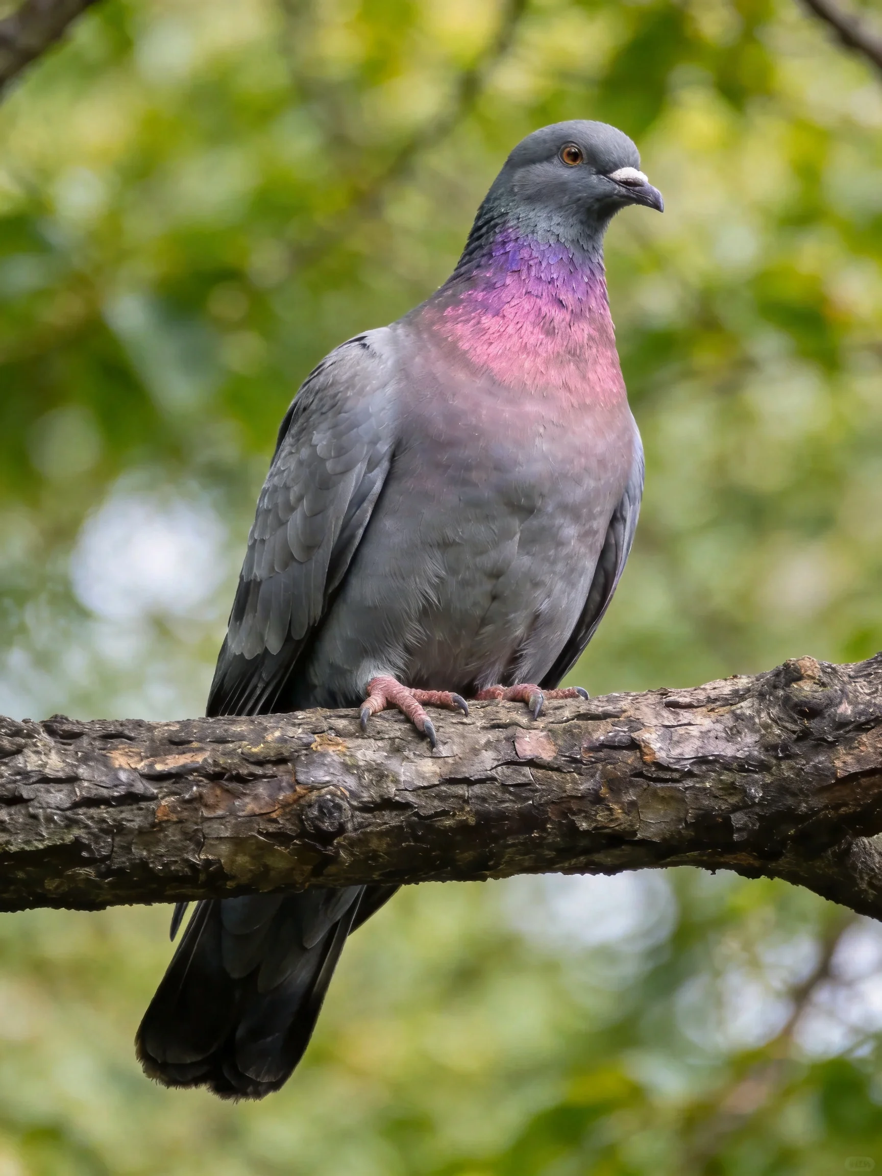 Gray pigeon with vibrant purple neck perched on a rough tree branch