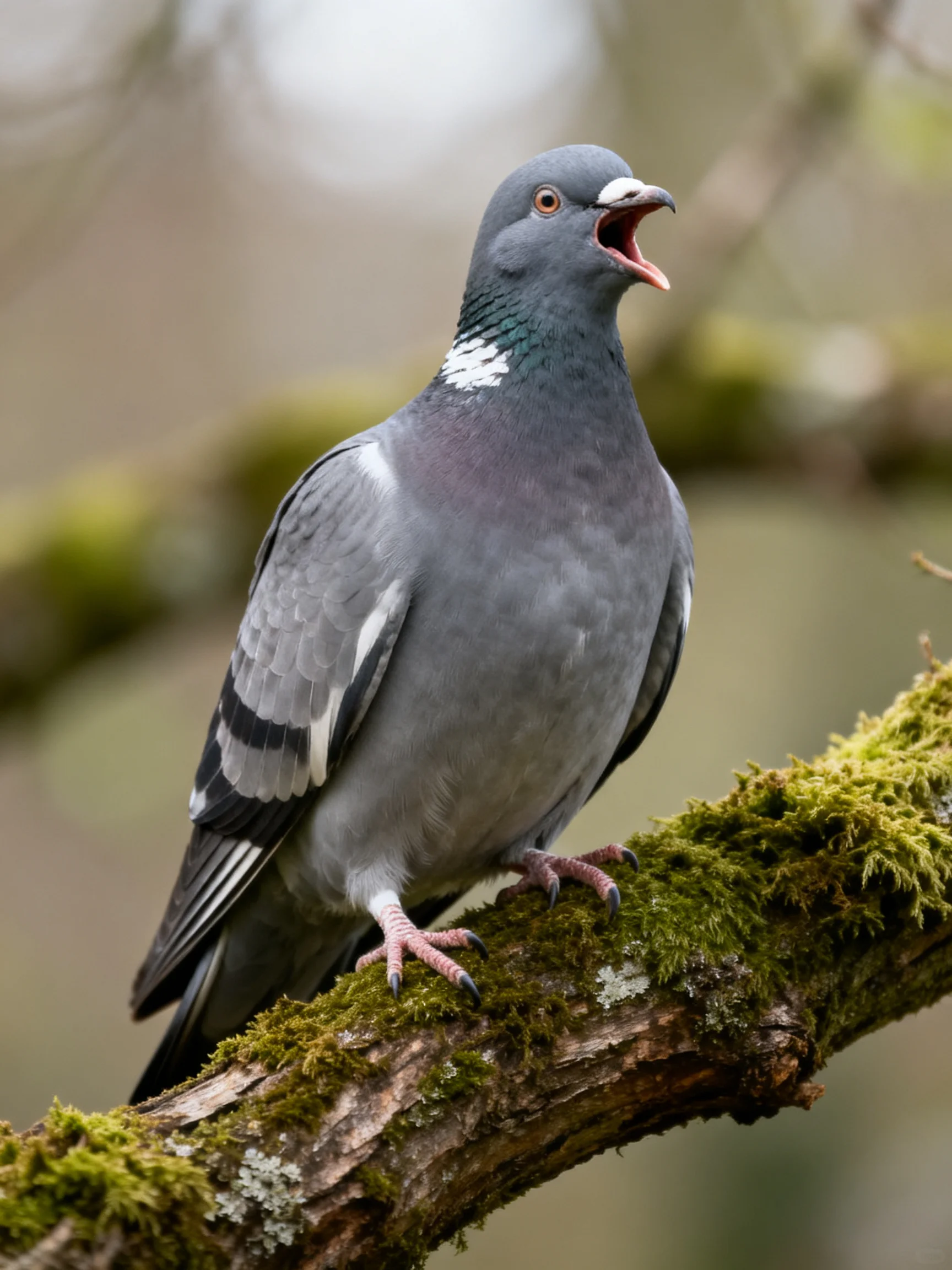 Gray pigeon with white markings perches on mossy branch