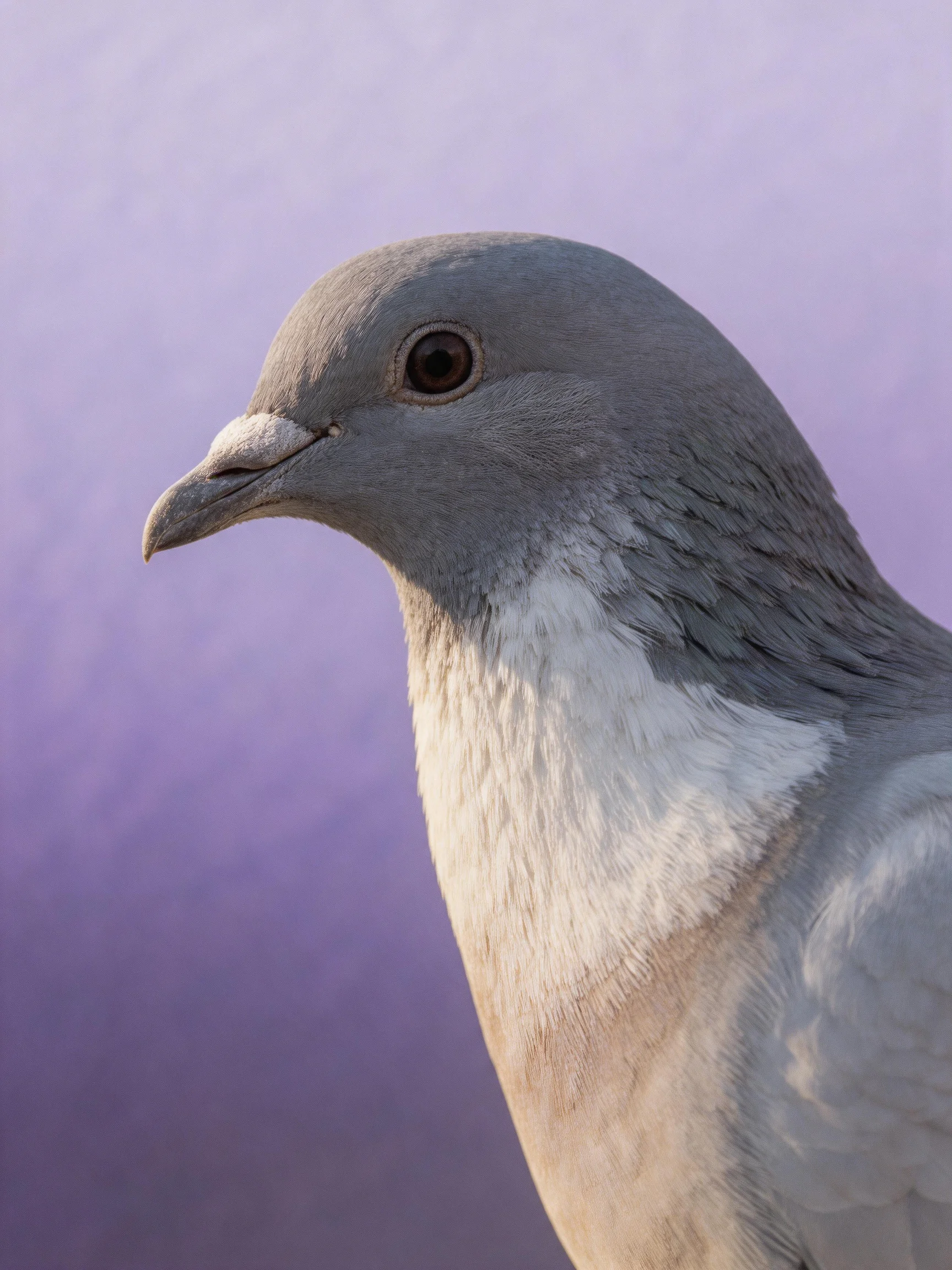 Gray pigeon with white neck in close-up against purple backdrop