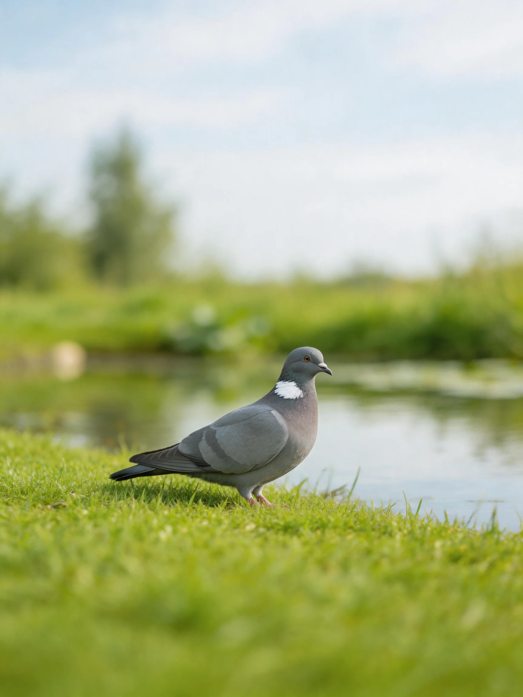 Gray pigeon with white neck marking near calm water and green grass