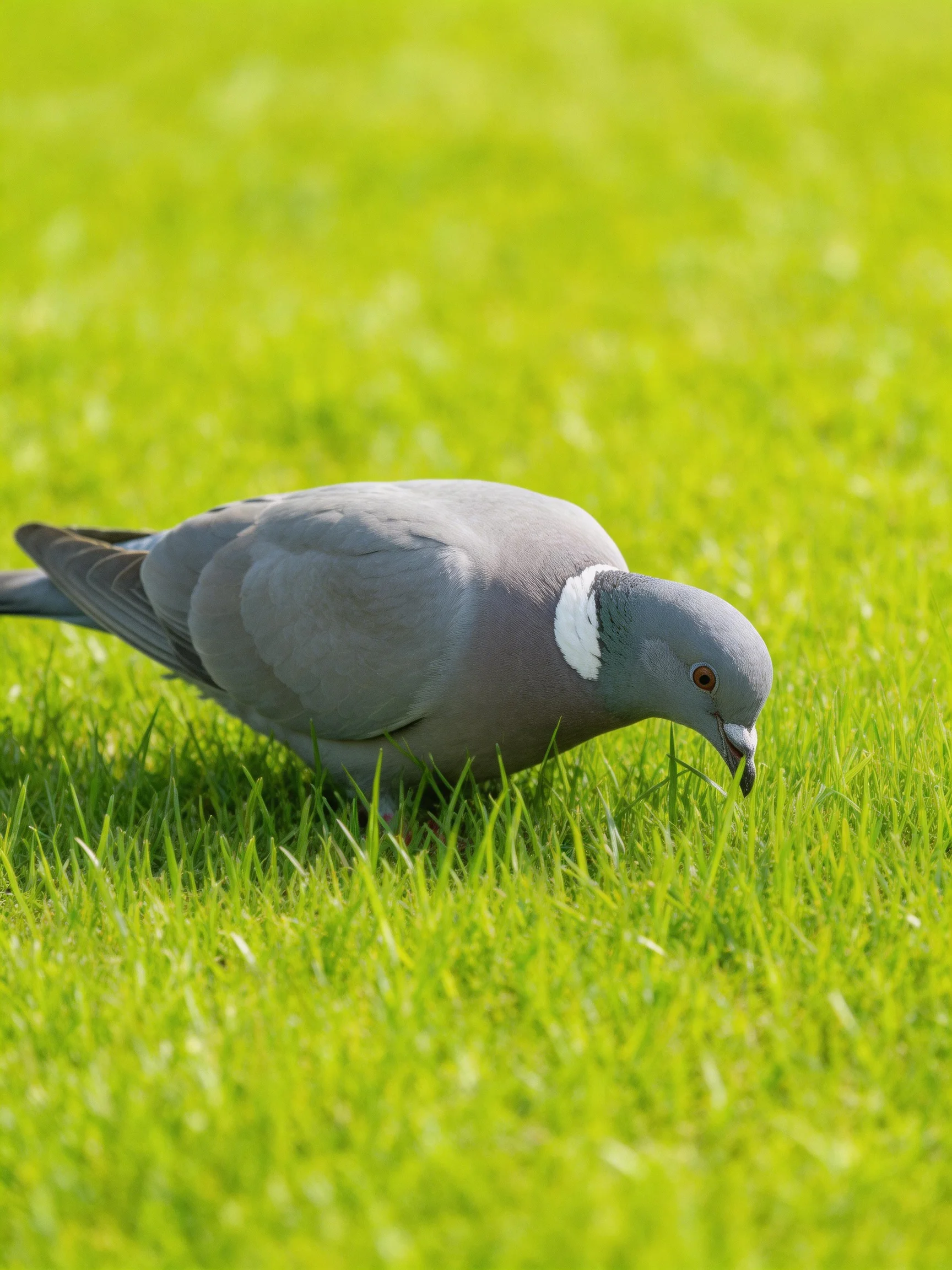 Gray pigeon with white neck patch foraging in lush green grass