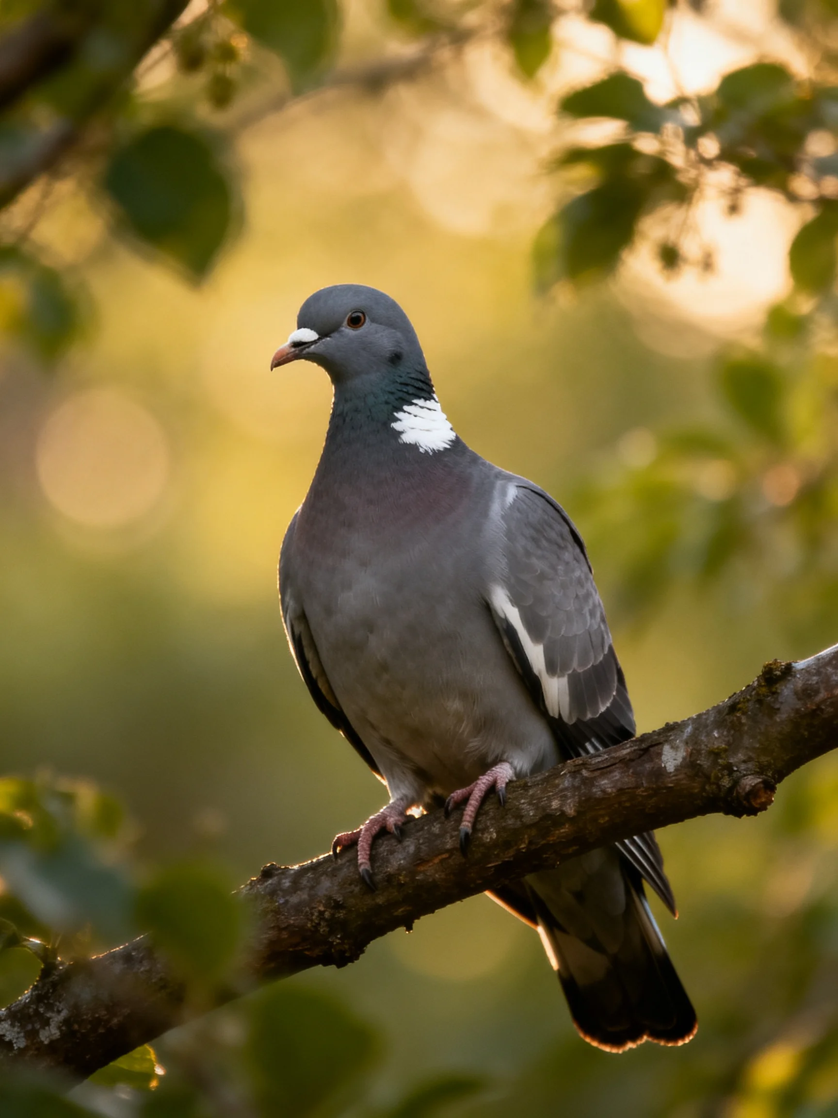 Gray pigeon with white neck patch perched on a tree branch
