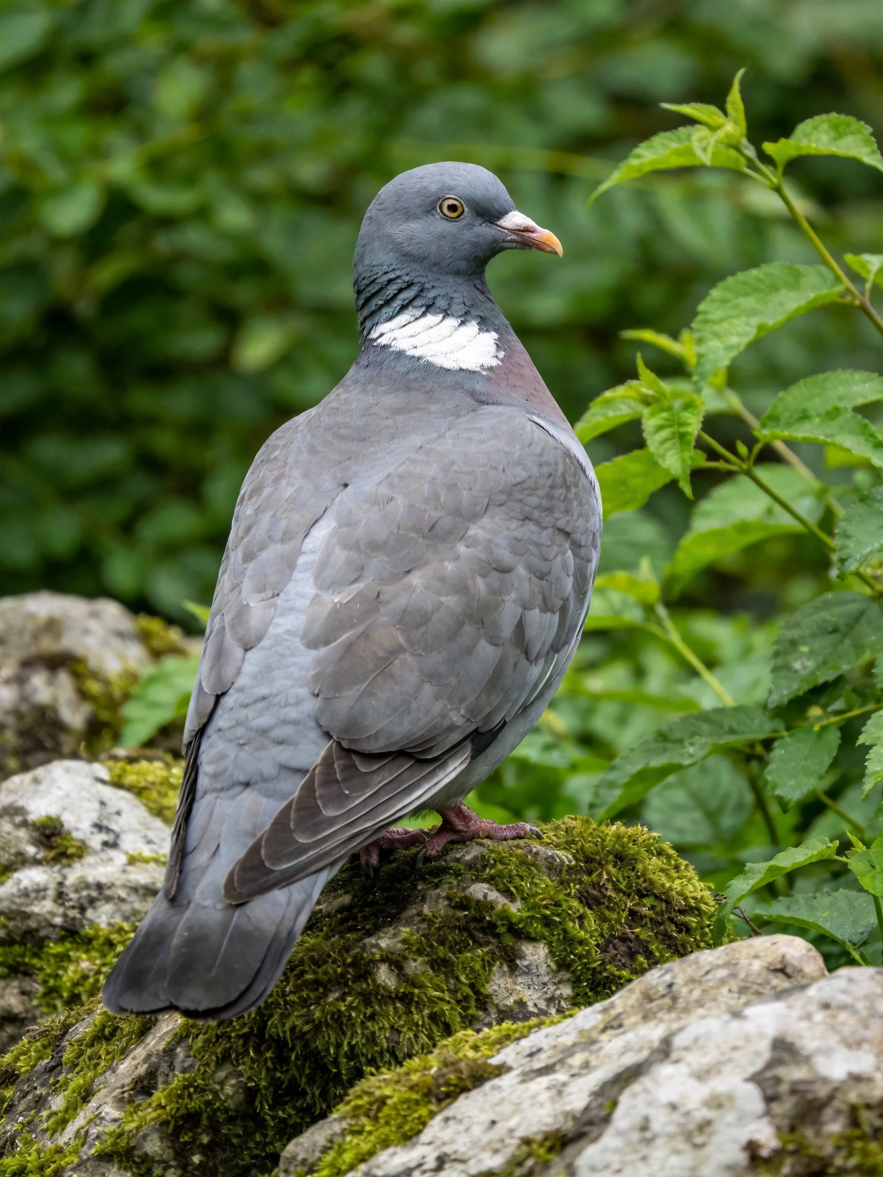Gray wood pigeon with white neck patch on mossy rock near green foliage