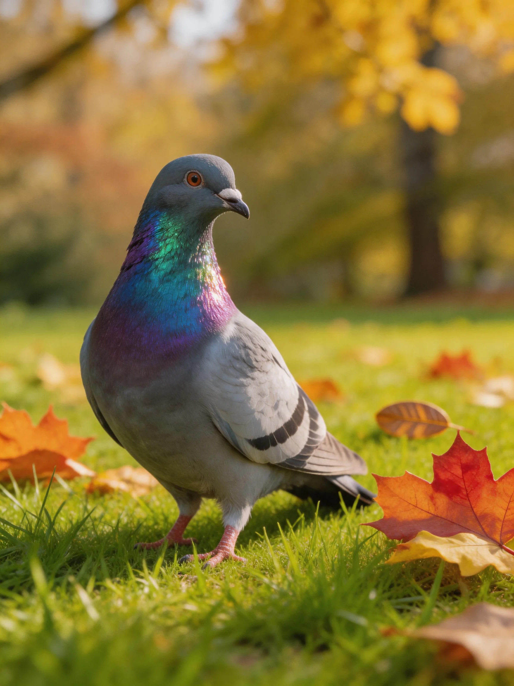Iridescent - necked pigeon amid autumn leaves on green grass