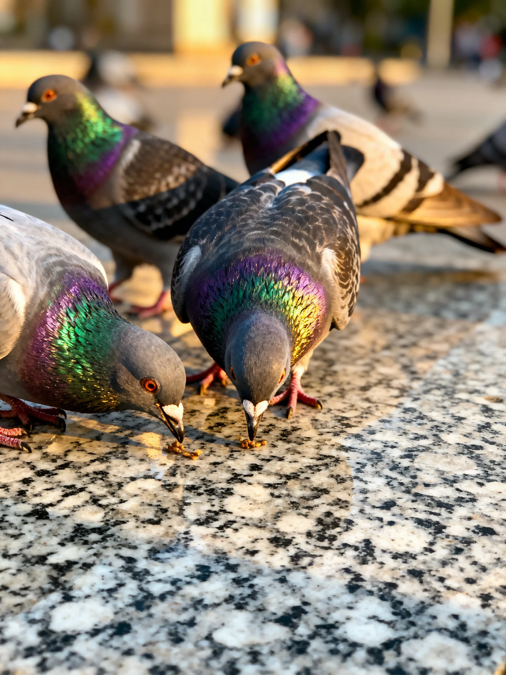 Iridescent - necked pigeons pecking on a speckled granite surface