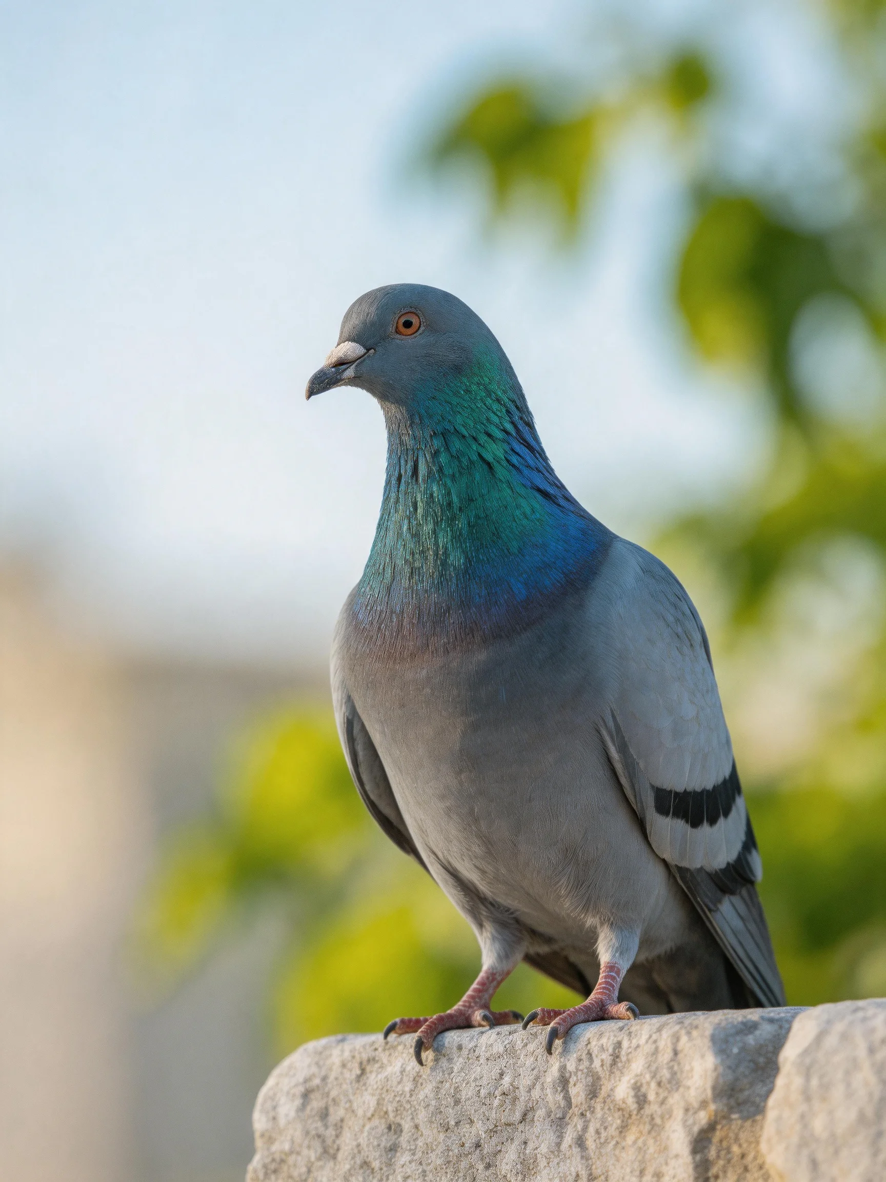 Iridescent blue-green necked pigeon perched on stone ledge