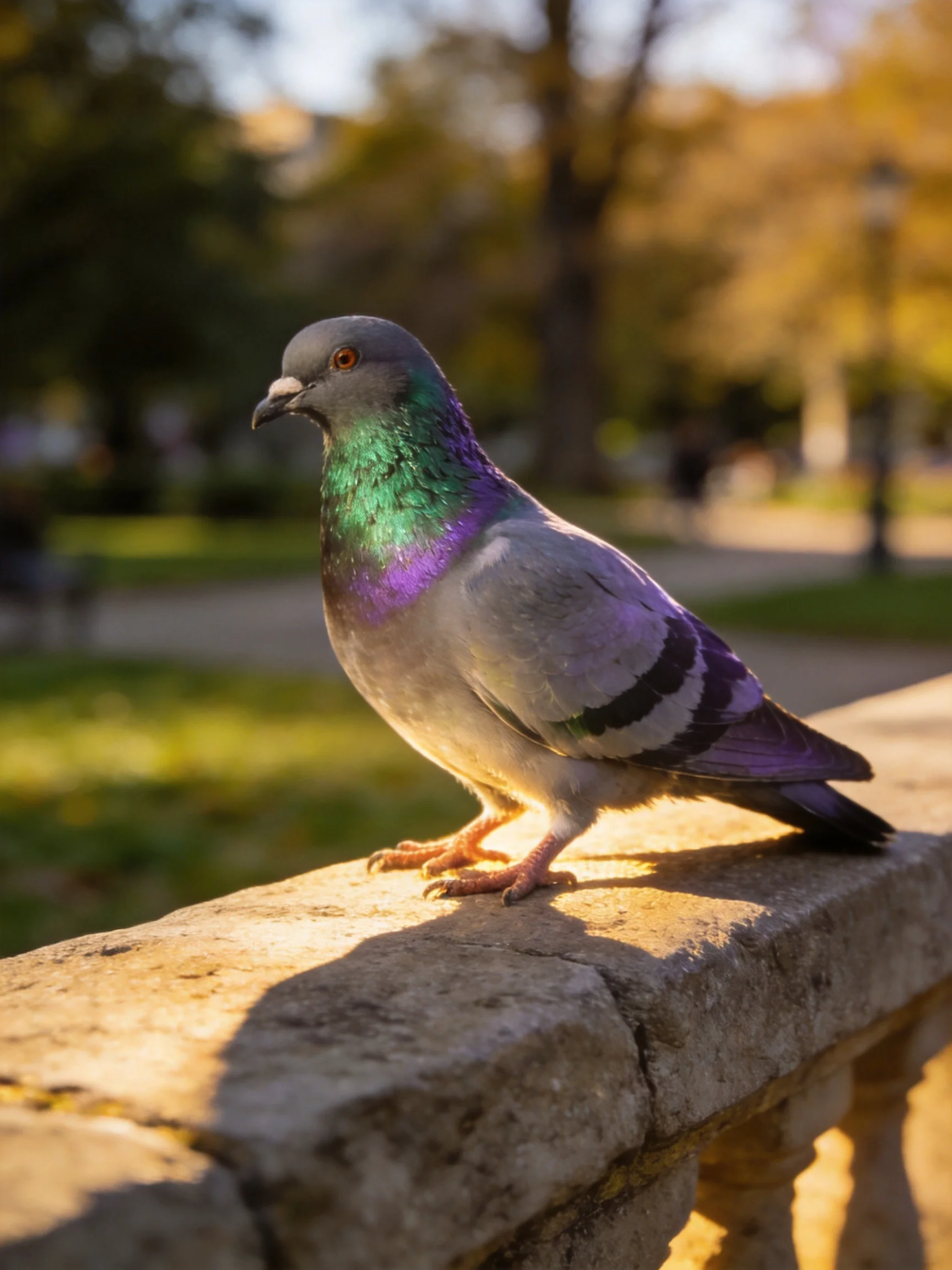 Iridescent green and purple pigeon perched on stone ledge