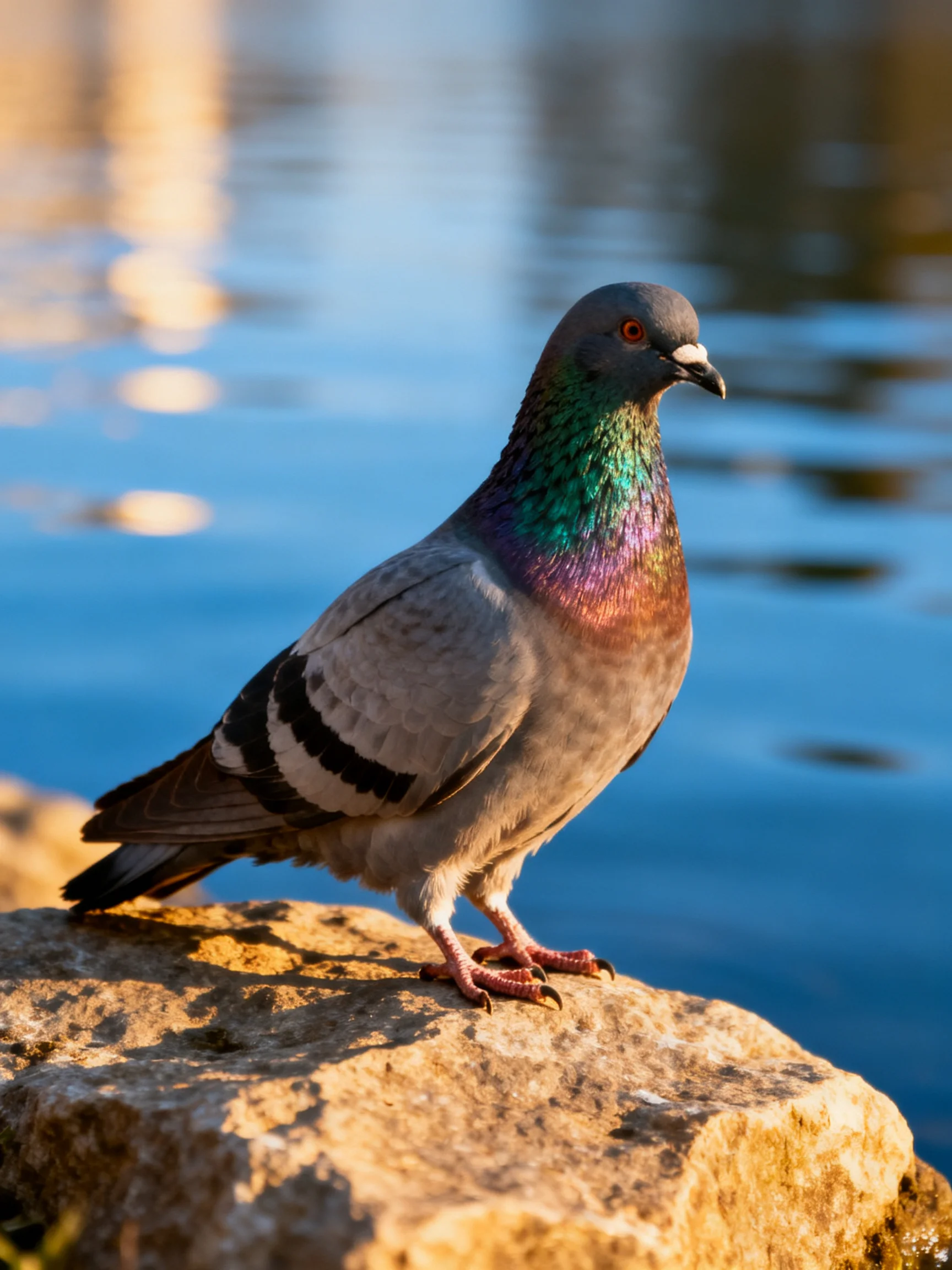 Iridescent-necked pigeon perched on a textured rock by calm water