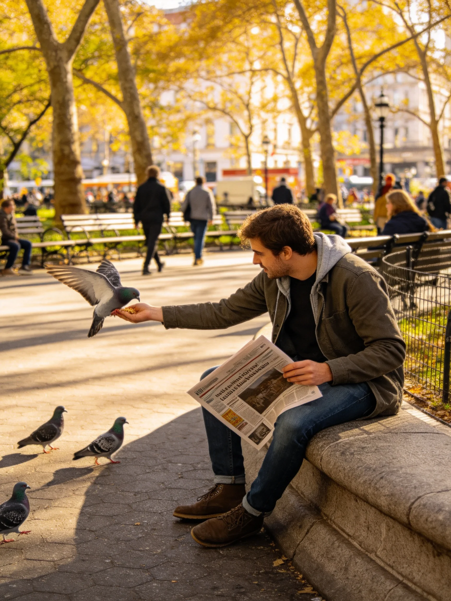 Man feeding pigeons in a sunlit autumn city park
